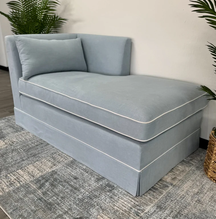 Custom Upholstered Chaise Chair in Sky Blue Woven - White Trim - Image 3