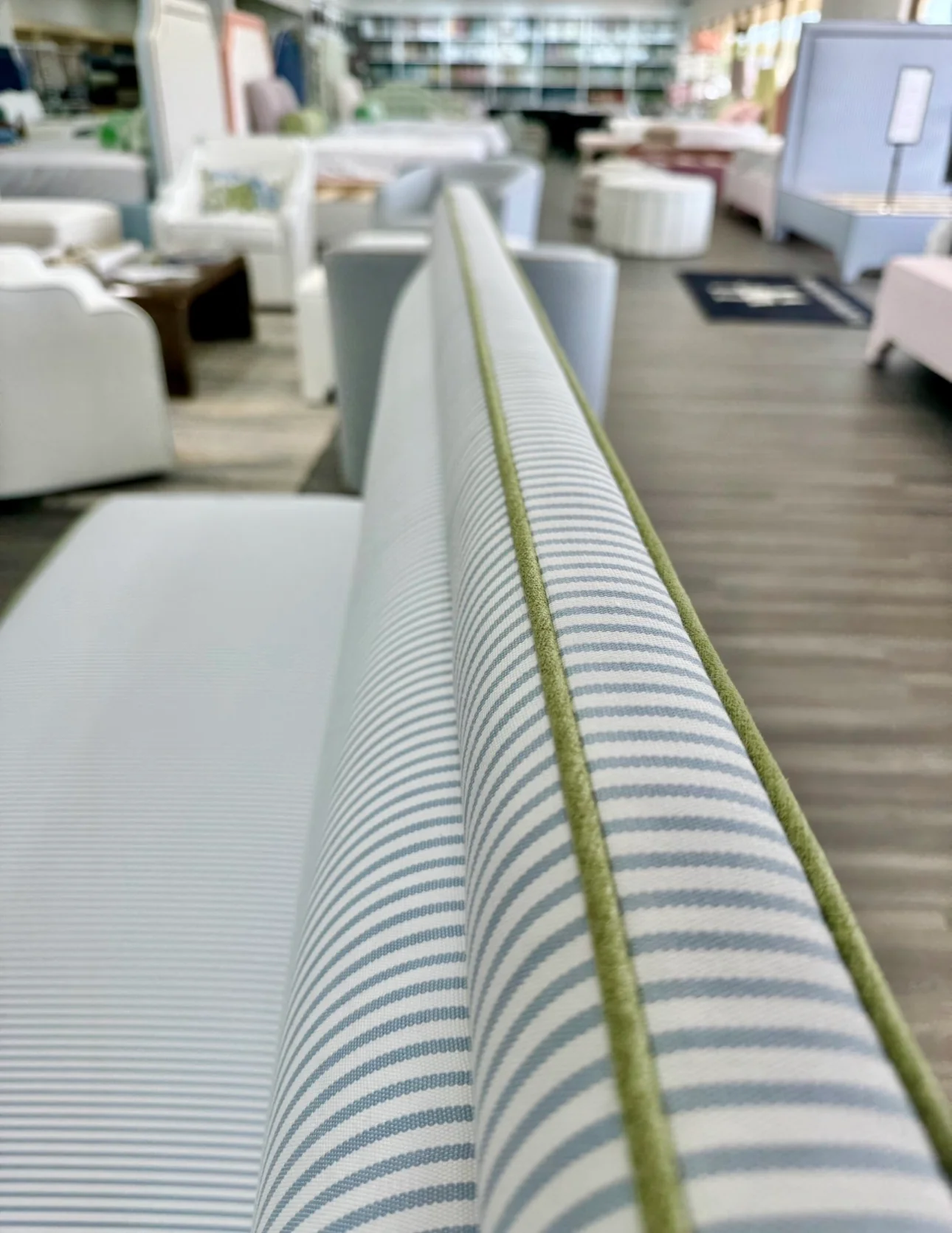 Lorraine Banquette – Perennials Striped Blue Fabric - Green Trim - Image 11