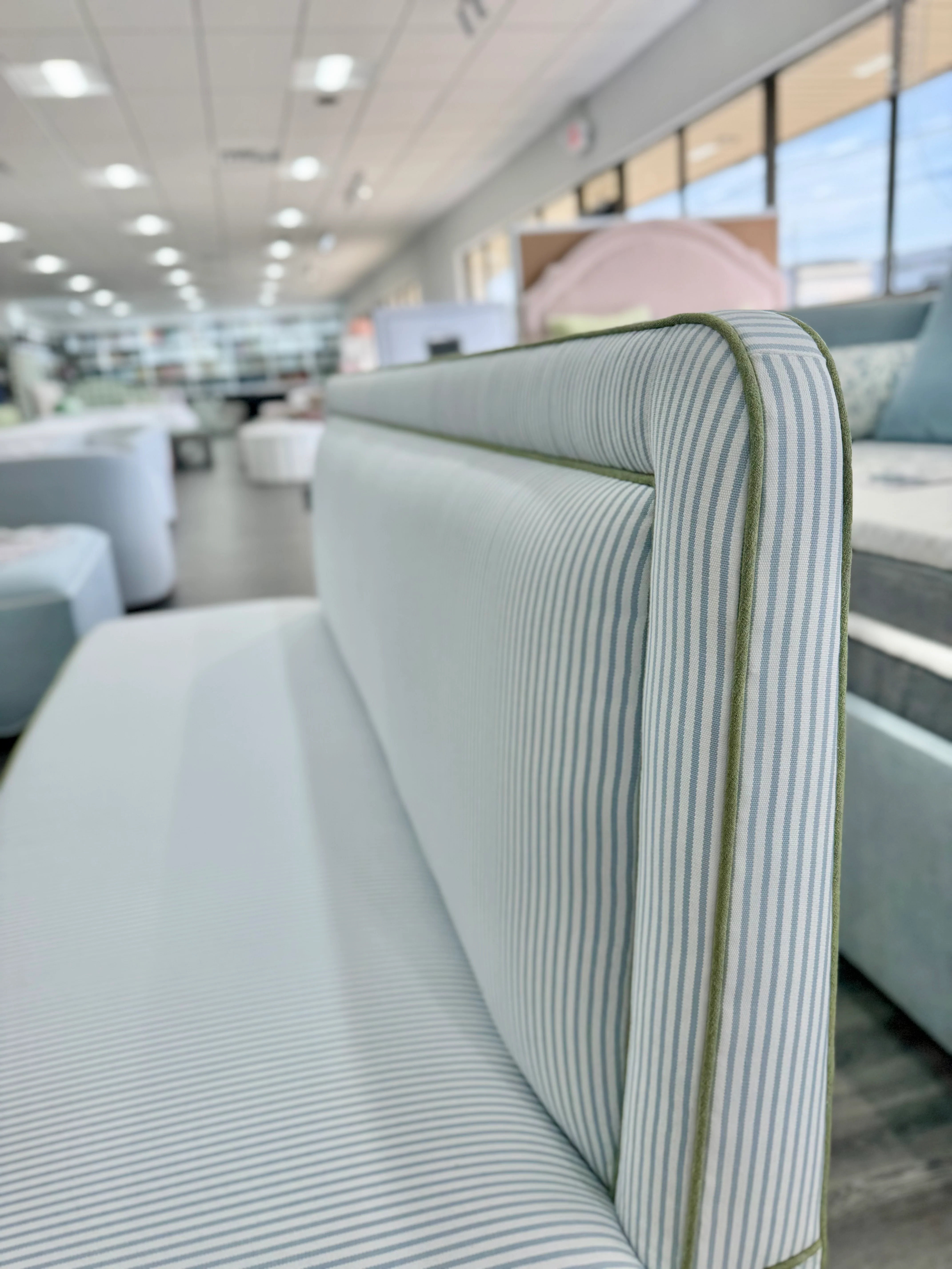 Lorraine Banquette – Perennials Striped Blue Fabric - Green Trim - Image 13