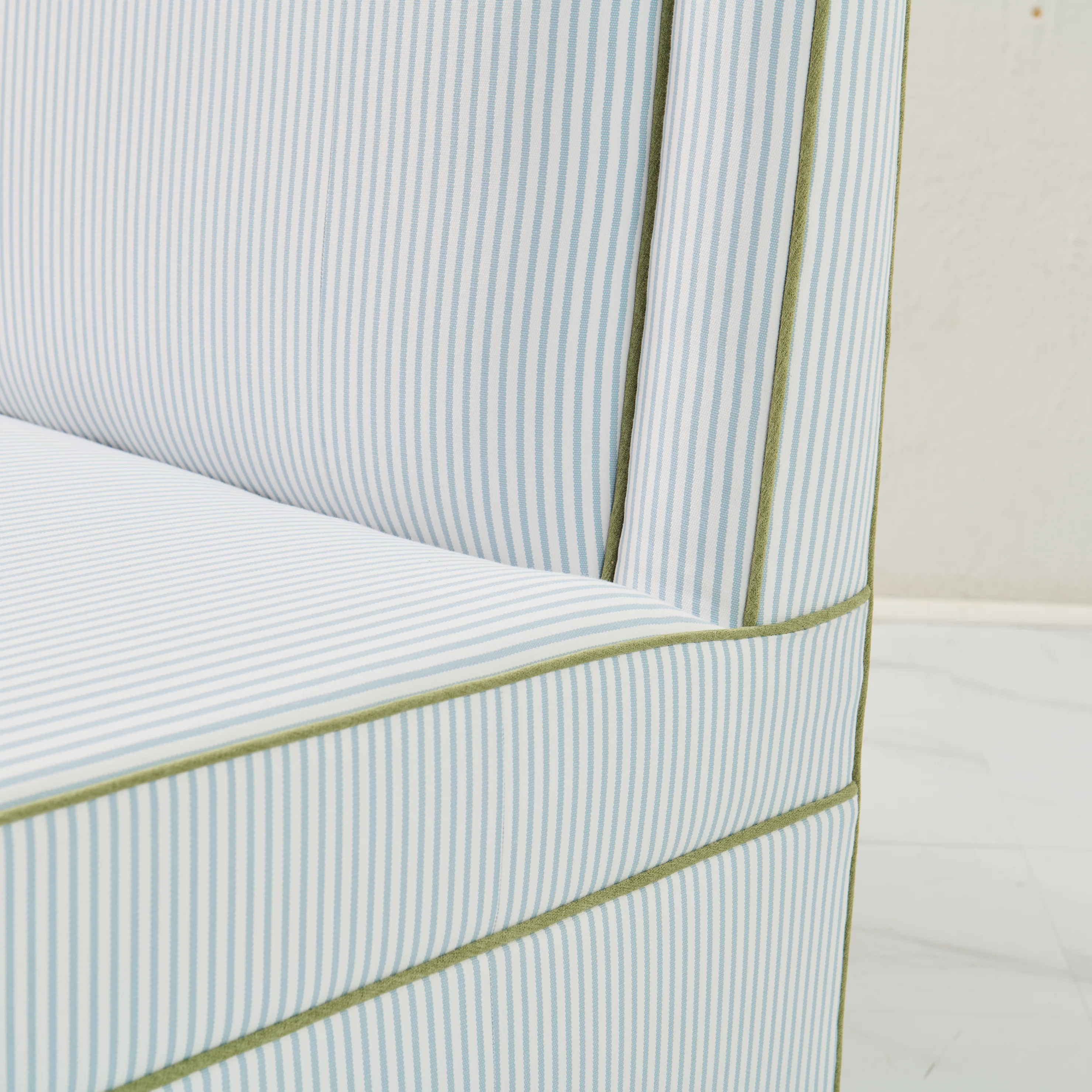 Lorraine Banquette – Perennials Striped Blue Fabric - Green Trim - Image 4
