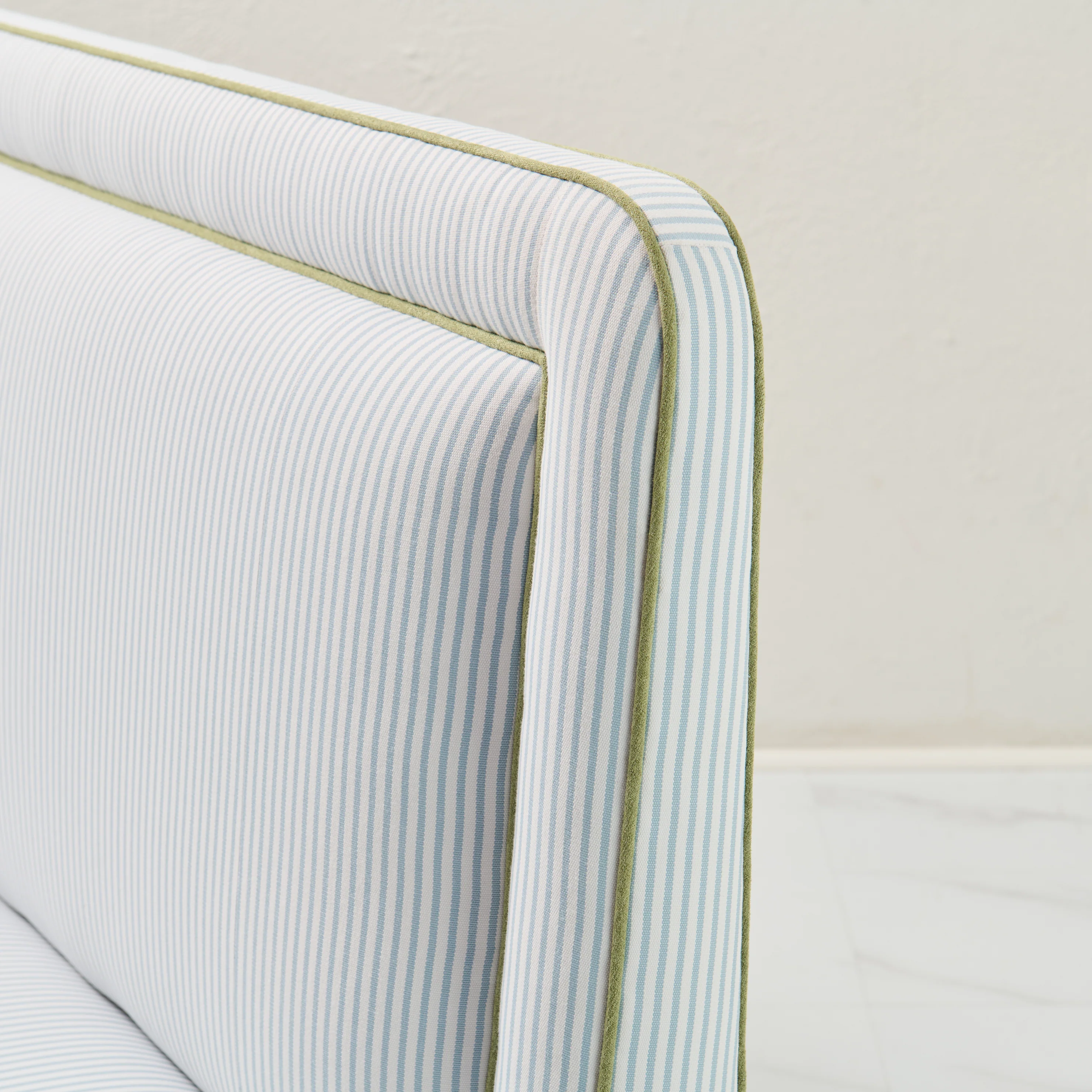 Lorraine Banquette – Perennials Striped Blue Fabric - Green Trim - Image 6