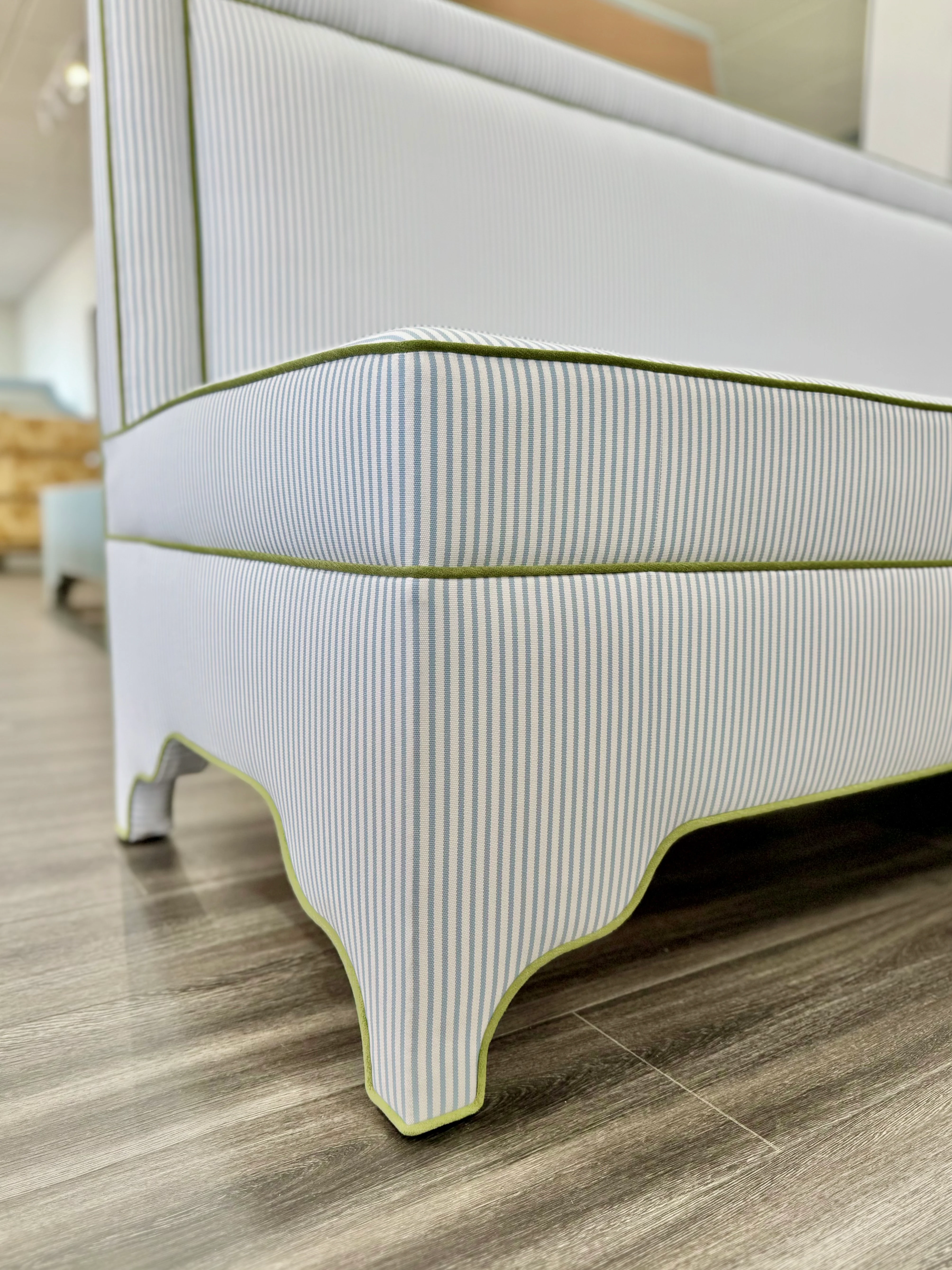 Lorraine Banquette – Perennials Striped Blue Fabric - Green Trim - Image 9