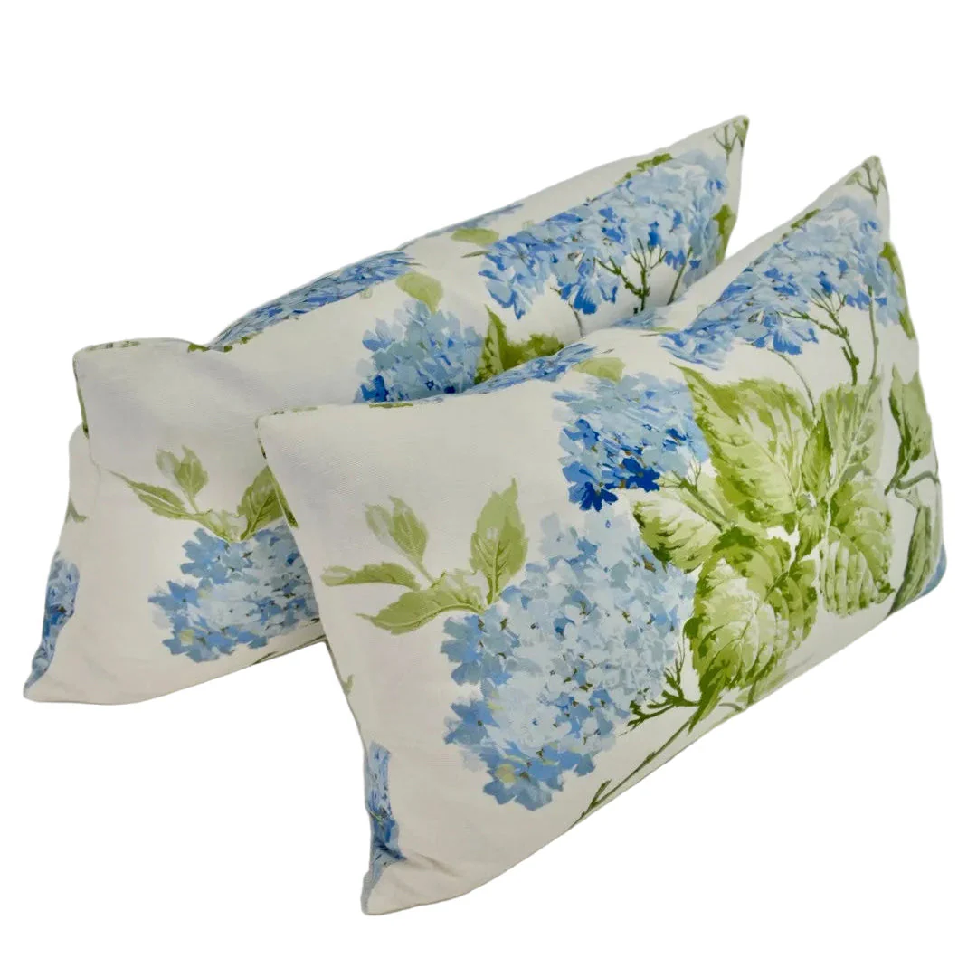 Handcrafted Throw Lumbar Pillows – Blue Hydrangea Schumacher Fabric - 50% Down Feather