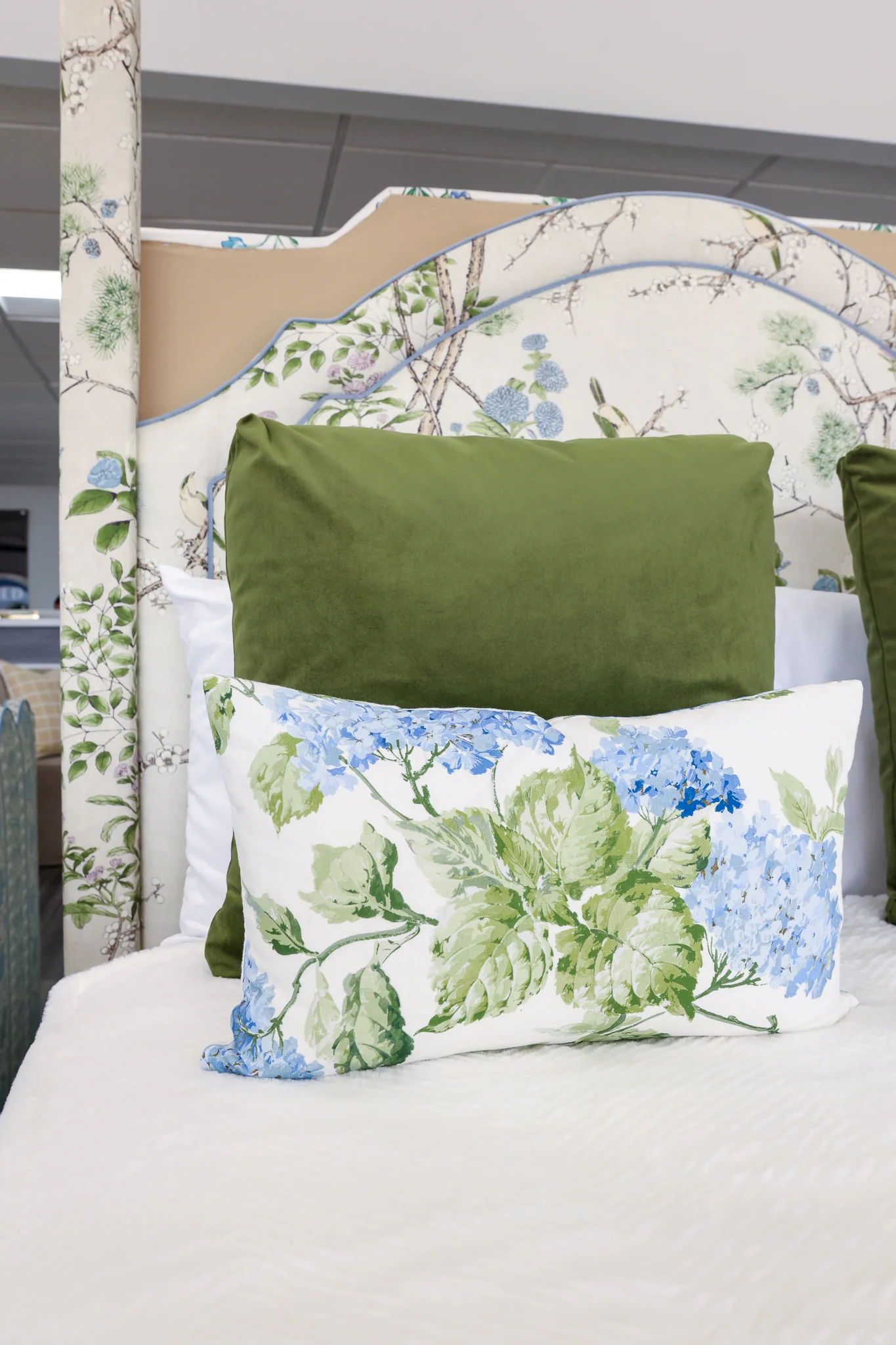 Handcrafted Throw Lumbar Pillows – Blue Hydrangea Schumacher Fabric - 50% Down Feather - Image 2