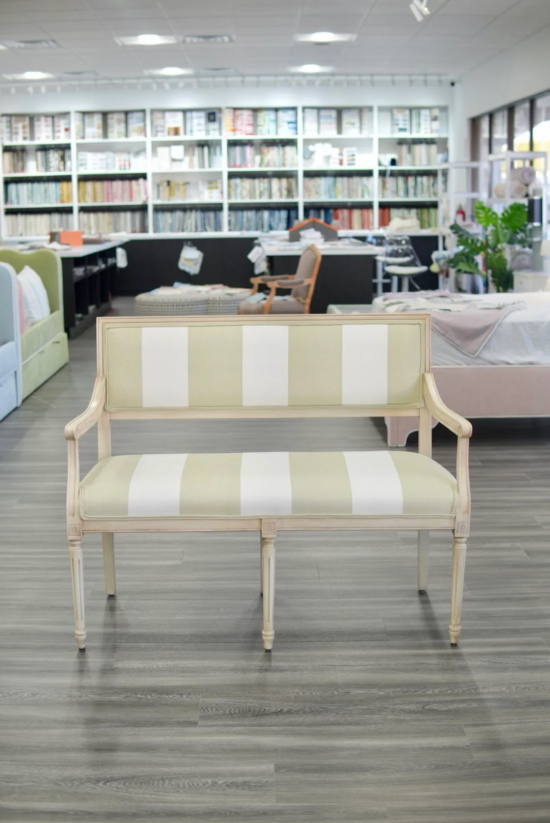 Italian Carved Upholstered Bench in Schumacher Fabric - Image 2