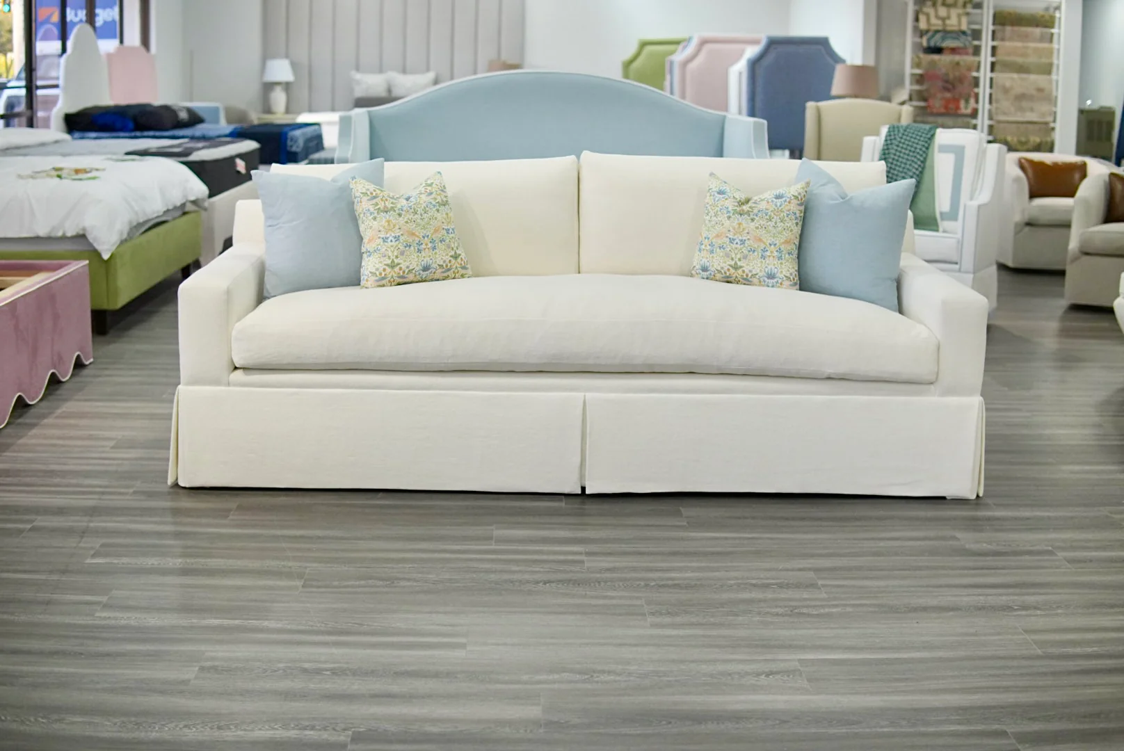 Luxe Feather-Seat Skirted Sofa in Upholstery Linen Fabric – Custom Built - Image 2