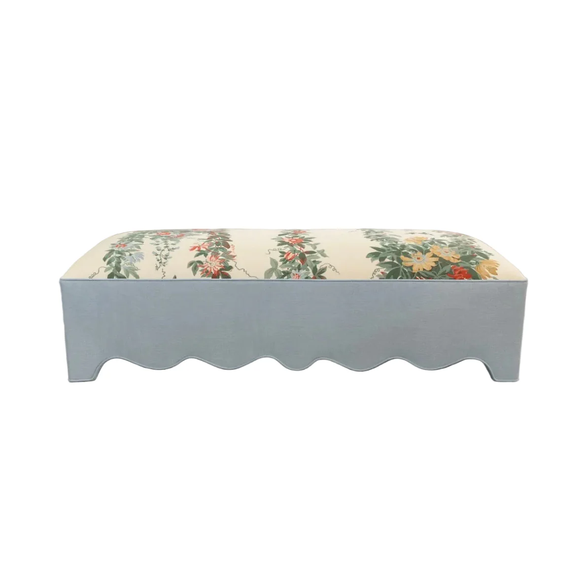 50” L Scalloped End of Bed Bench in Sky Blue Woven Fabric - White Trim