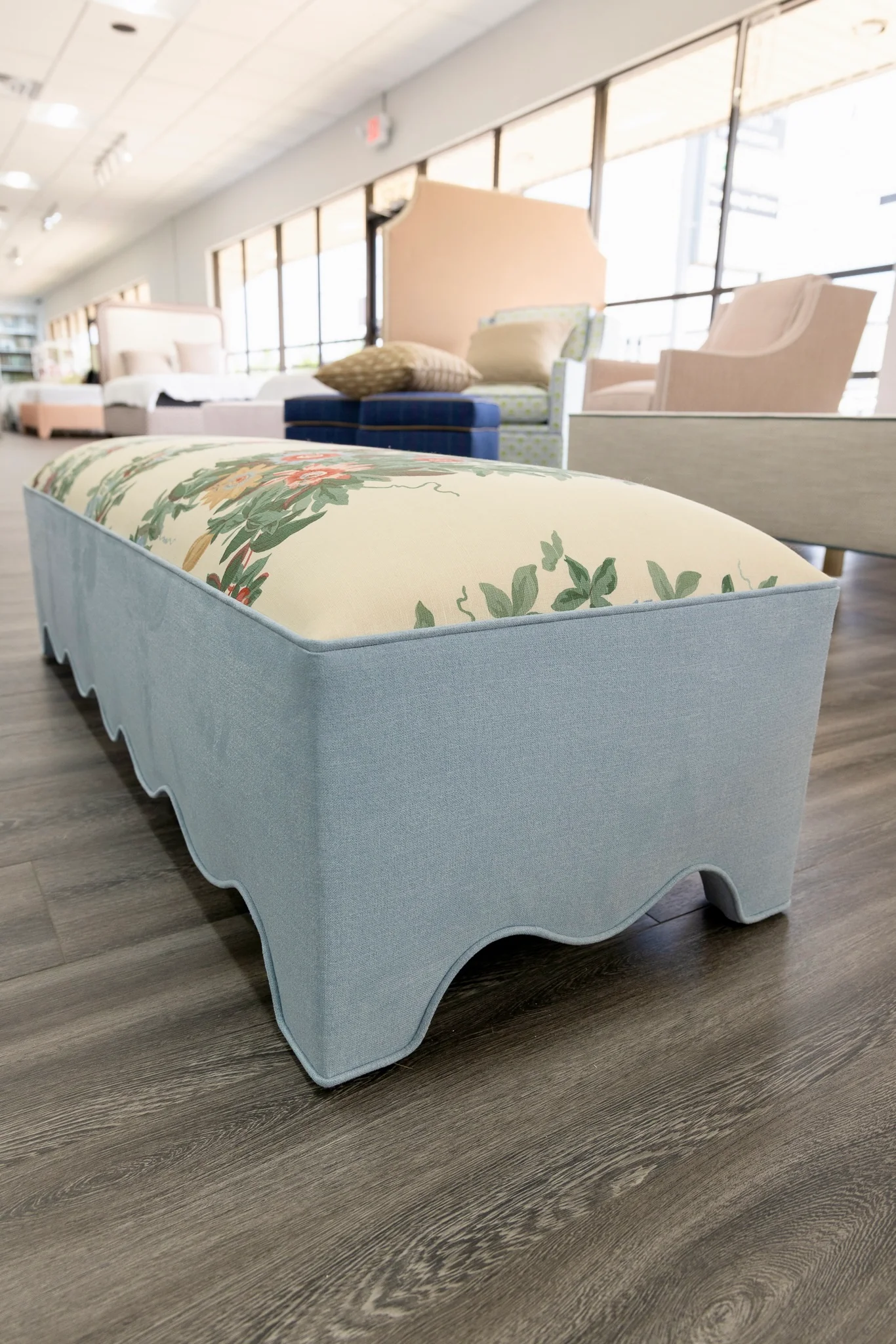 50” L Scalloped End of Bed Bench in Sky Blue Woven Fabric - White Trim - Image 6