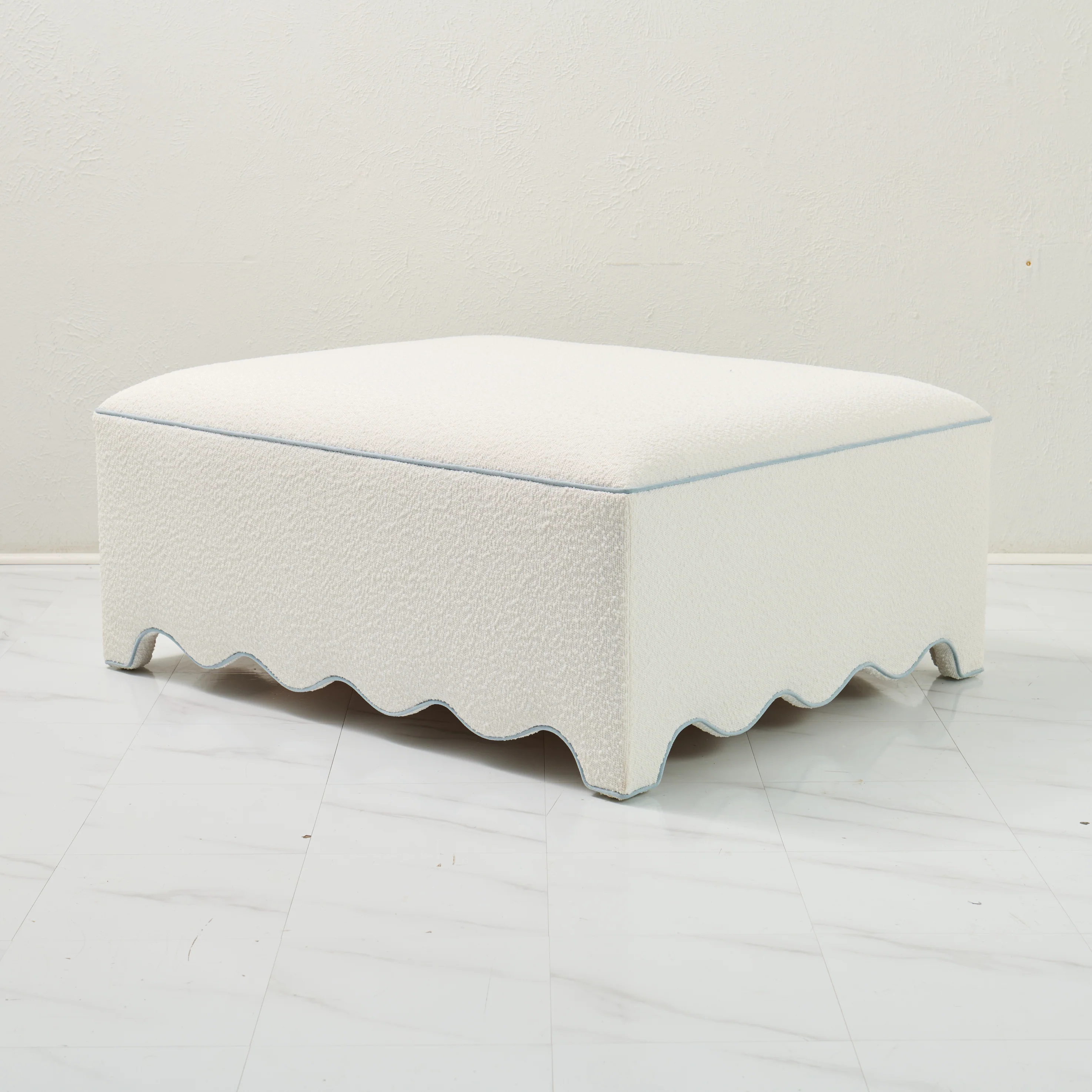 Scalloped Ottoman / Coffee table in White Boucle Fabric - Sky Blue Trim - Image 6