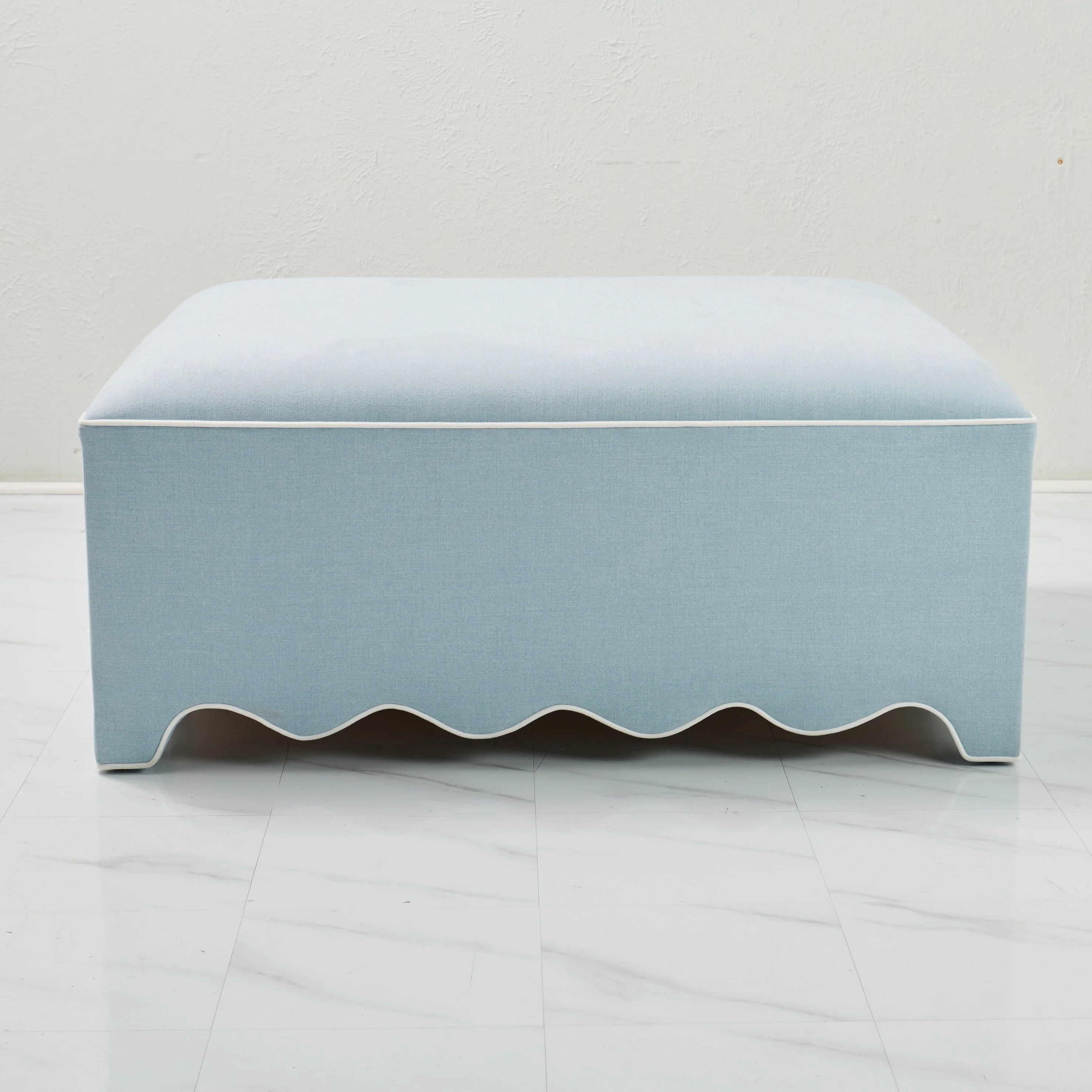 Scalloped Ottoman / Coffee table in Sky Blue Woven Fabric - White Trim - Image 3