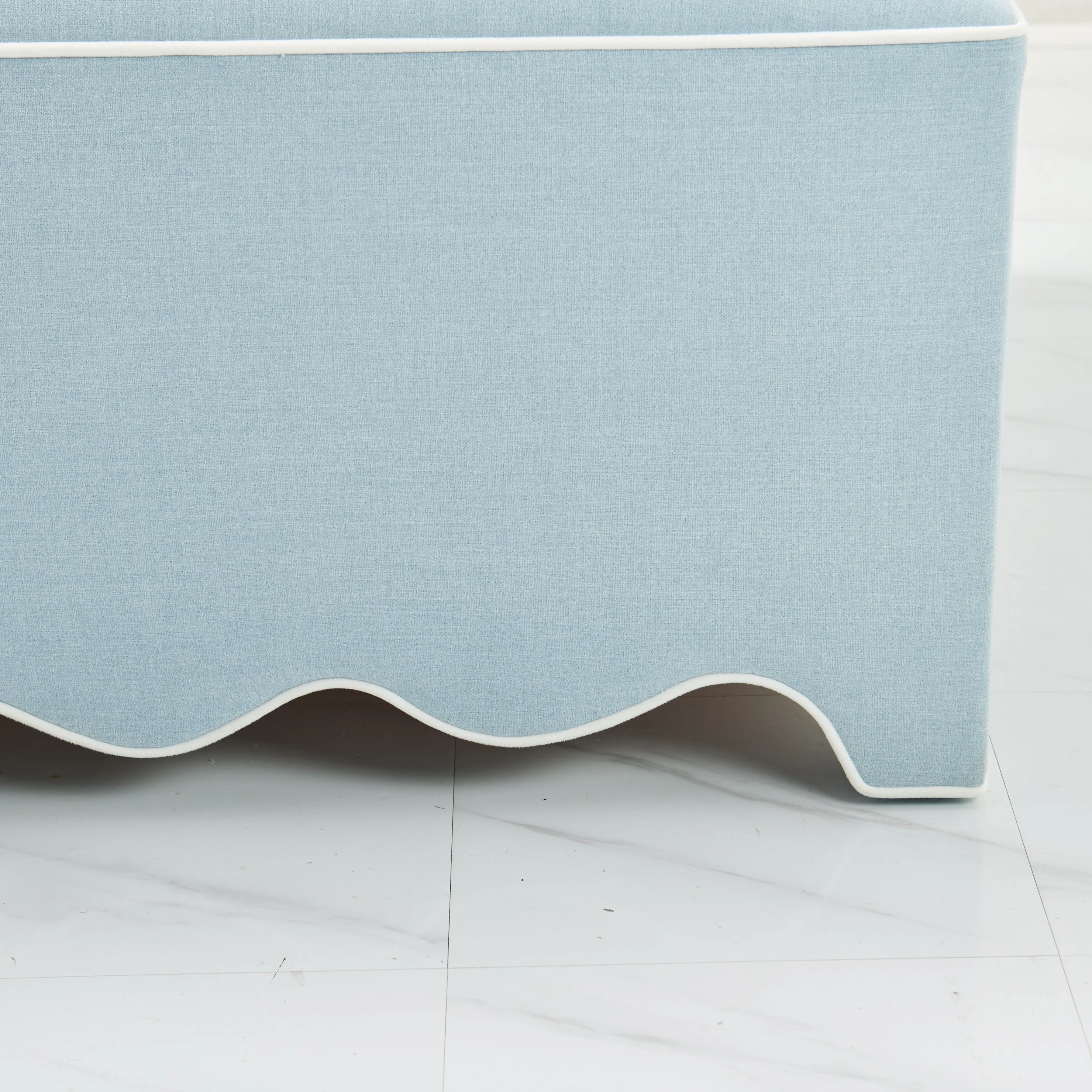 Scalloped Ottoman / Coffee table in Sky Blue Woven Fabric - White Trim - Image 4
