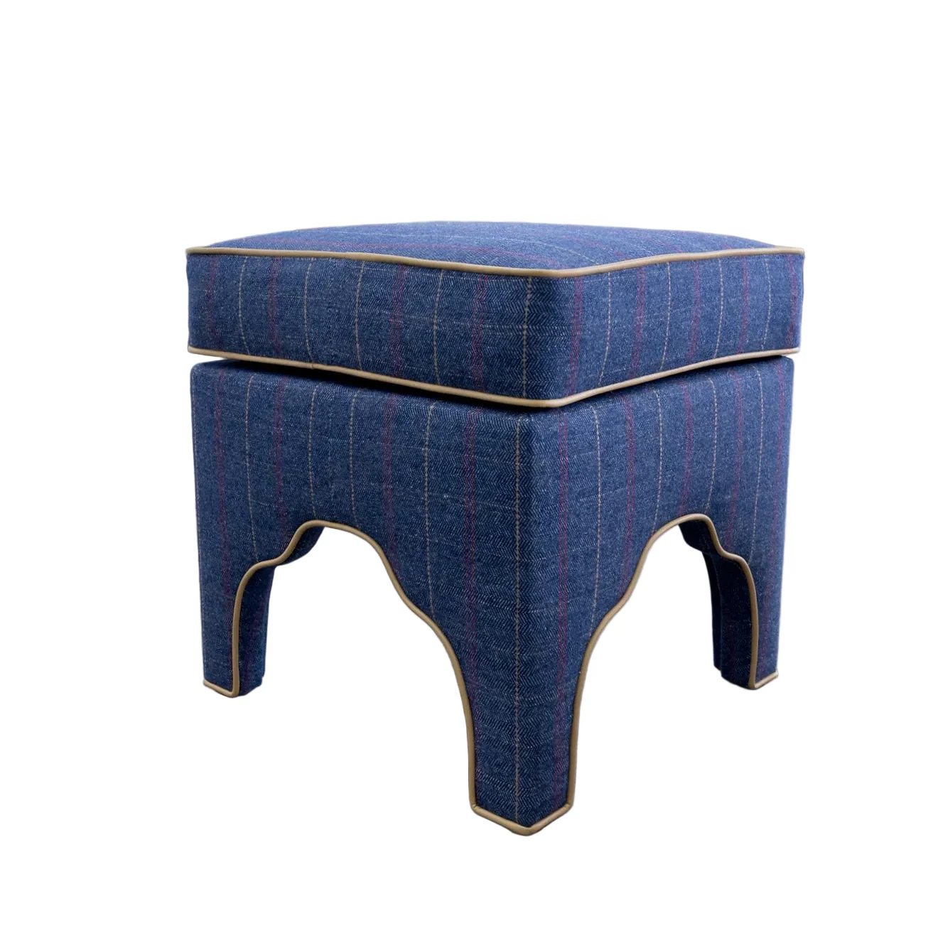 Scalloped Stool - Stout Navy Plaid Fabric - Beige Trim