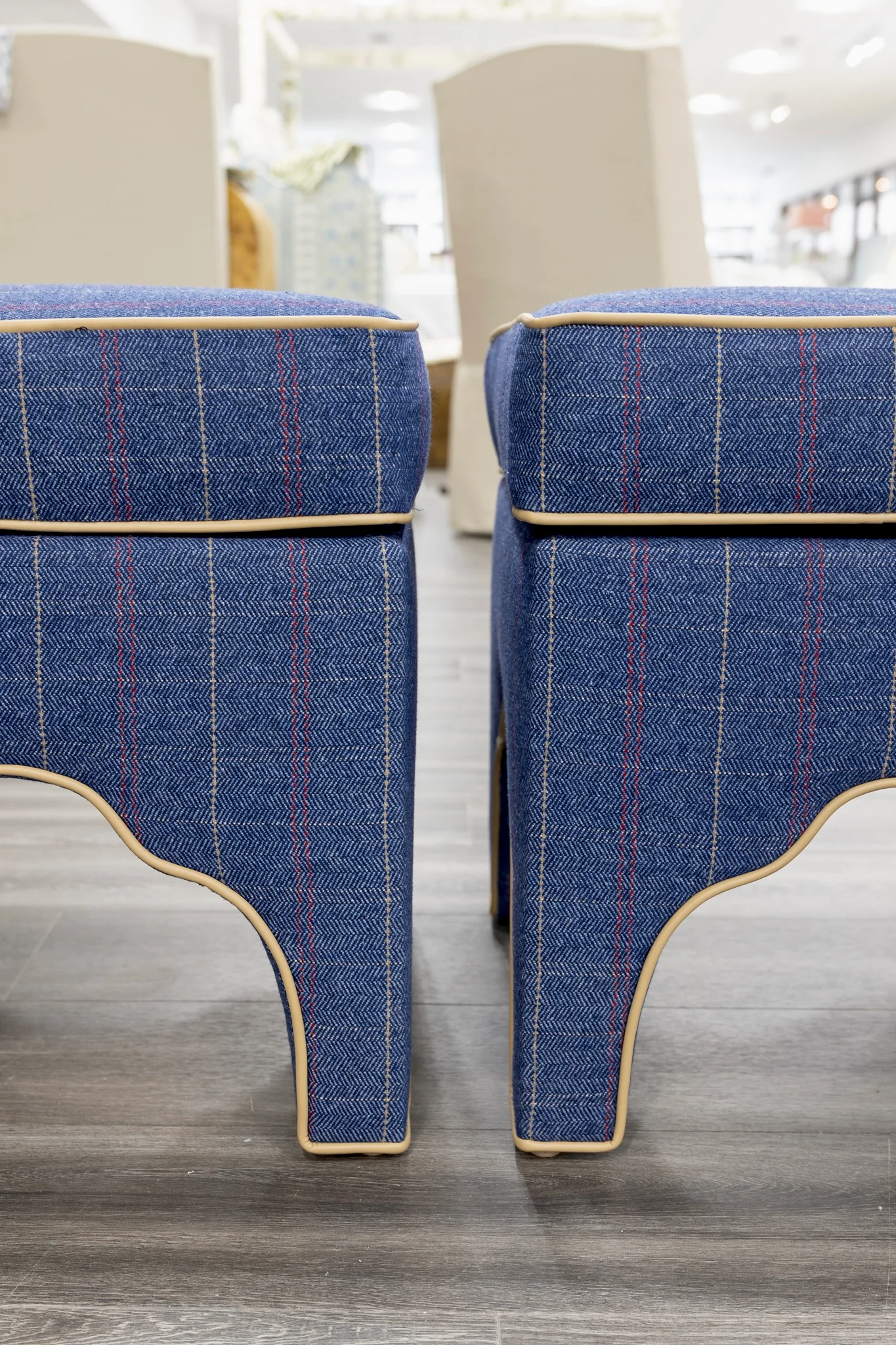 Scalloped Stool - Stout Navy Plaid Fabric - Beige Trim - Image 2