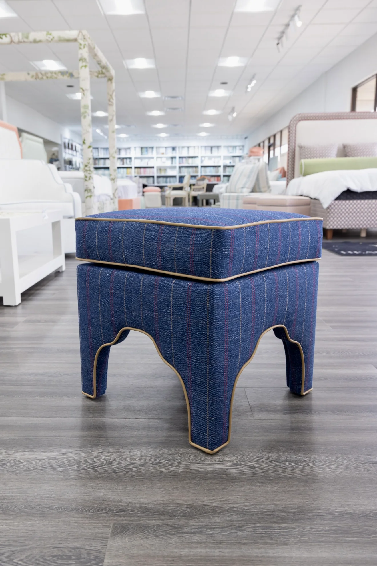 Scalloped Stool - Stout Navy Plaid Fabric - Beige Trim - Image 3