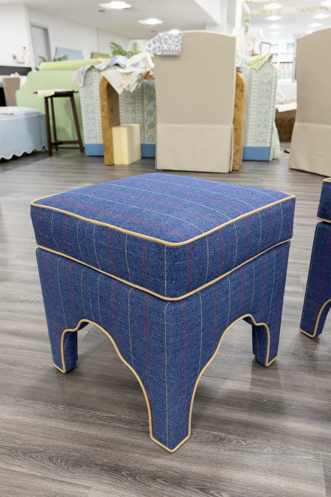 Scalloped Stool - Stout Navy Plaid Fabric - Beige Trim - Image 5