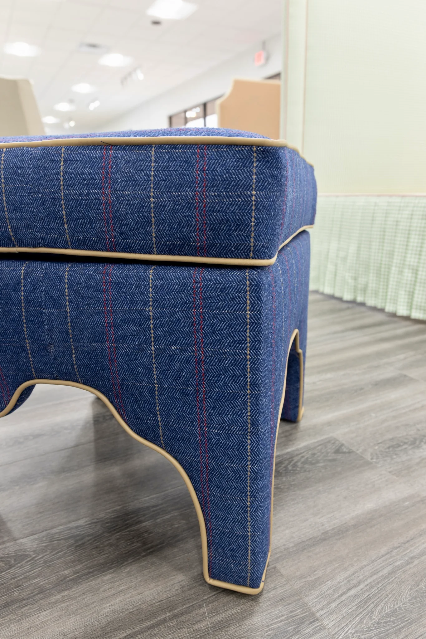 Scalloped Stool - Stout Navy Plaid Fabric - Beige Trim - Image 7