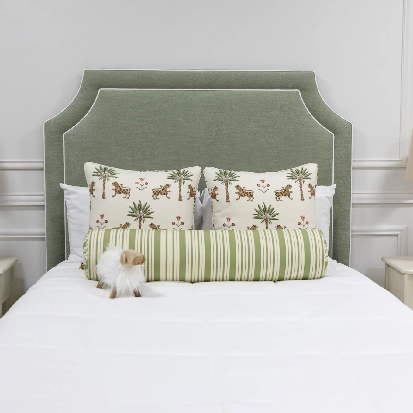 The Addison Queen Upholstered Platform Bed - Crypton Sage Linen Look Fabric - White Trim - Image 10