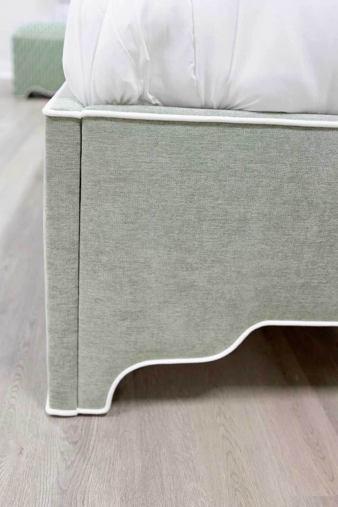 The Addison Queen Upholstered Platform Bed - Crypton Sage Linen Look Fabric - White Trim - Image 6