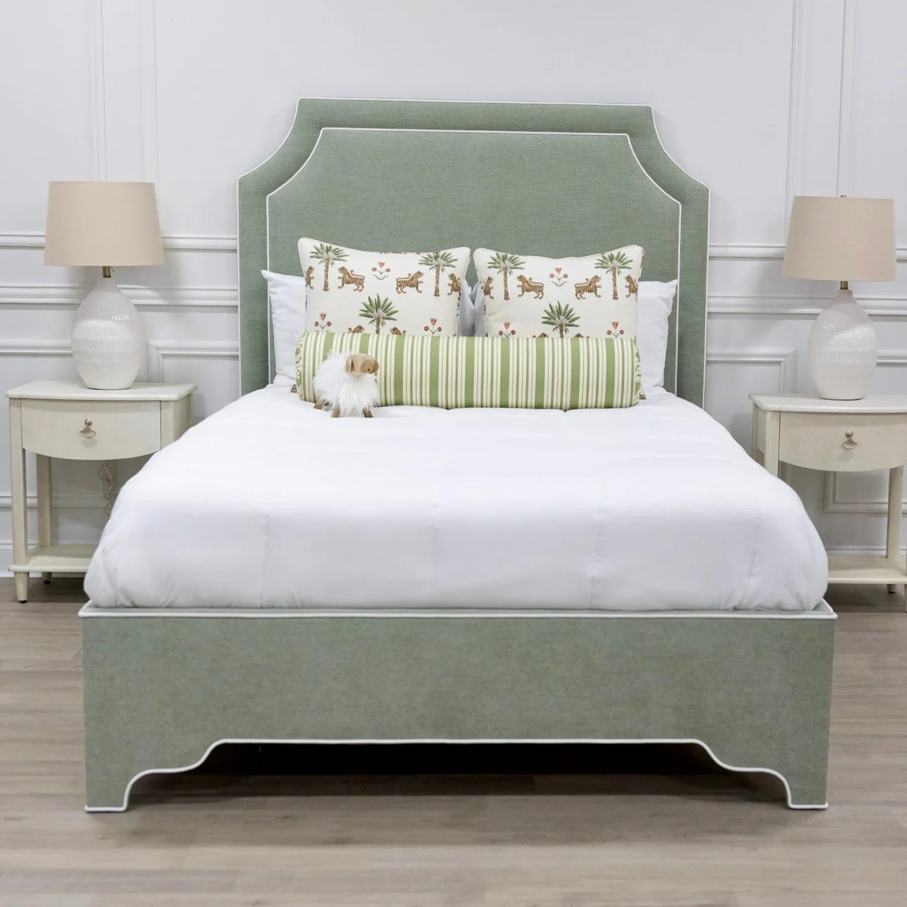 The Addison Queen Upholstered Platform Bed - Crypton Sage Linen Look Fabric - White Trim - Image 9