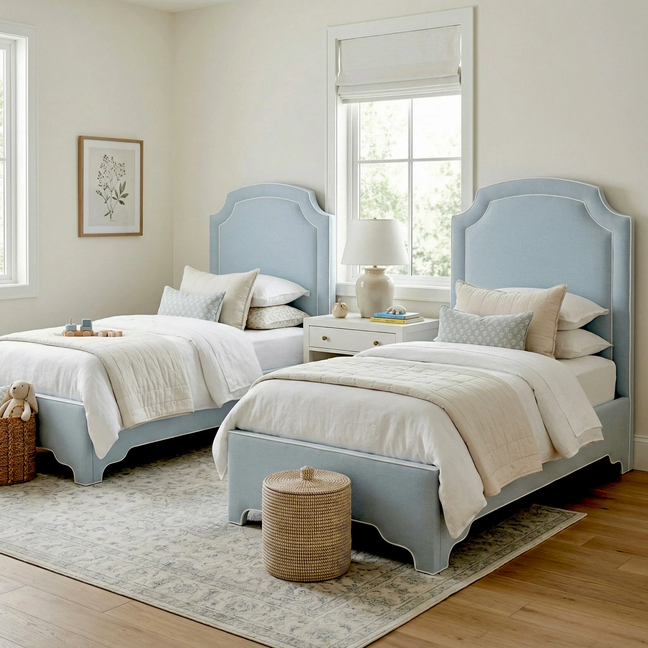The Aliana Twin Platform Bed in Sky Blue Woven Fabric - White Trim - Image 2