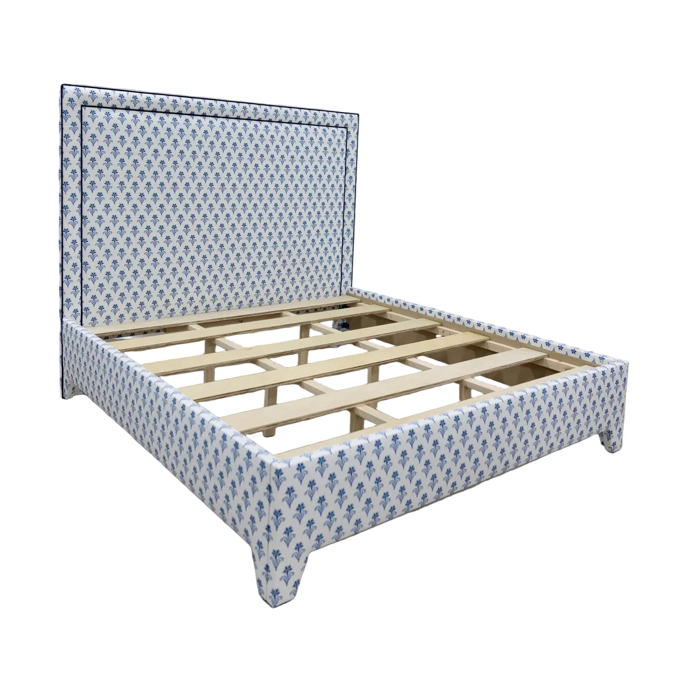65”H King Upholstered Platform Bed - Blue Floral Linen Fabric - Navy Trim