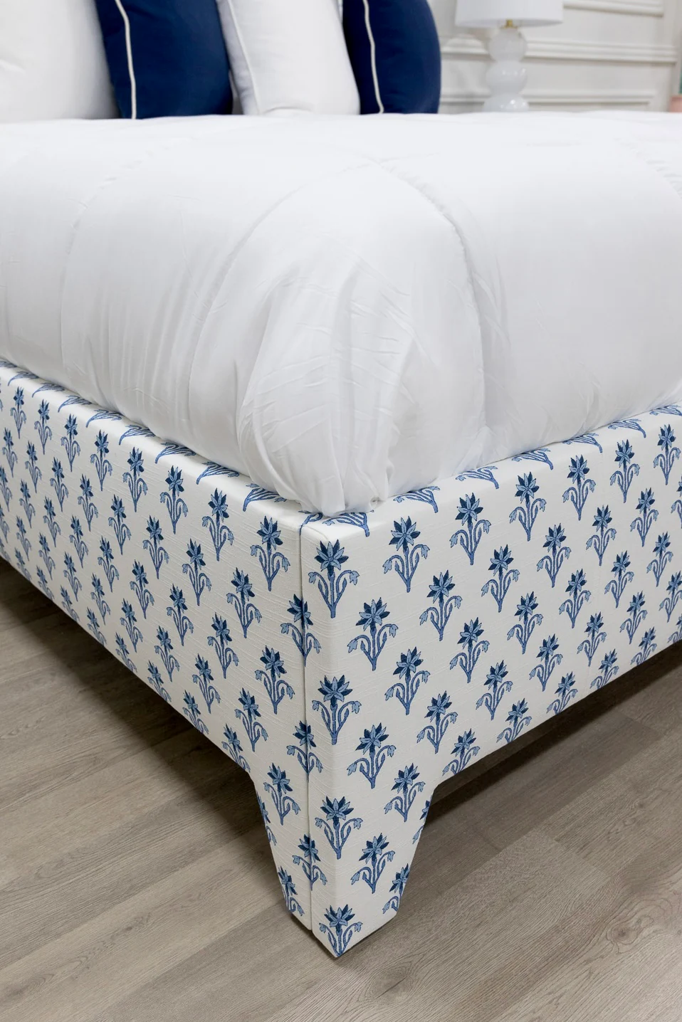 65”H King Upholstered Platform Bed - Blue Floral Linen Fabric - Navy Trim - Image 7