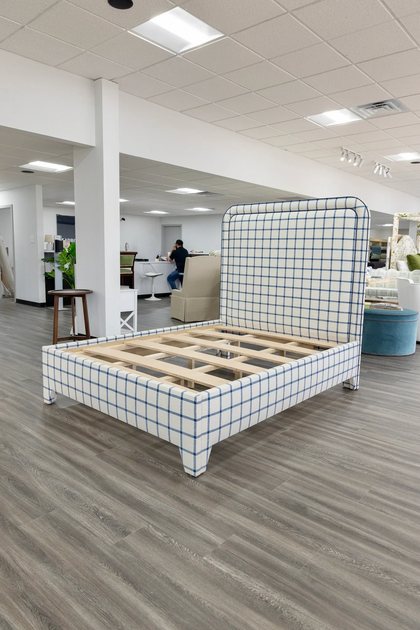 The Lorraine Queen Platform Bed in Navy Plaid Fabric - Navy Trim - Image 5