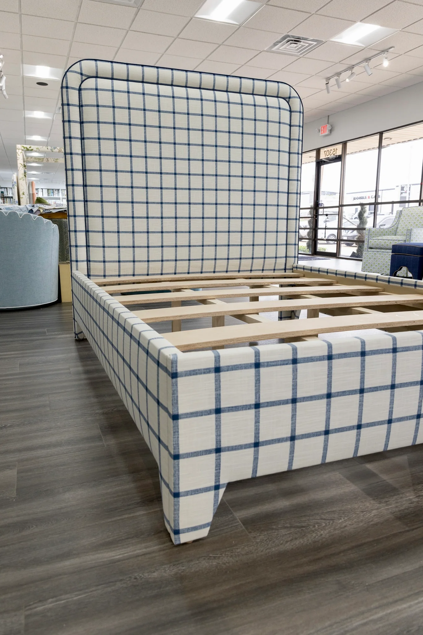 The Lorraine Queen Platform Bed in Navy Plaid Fabric - Navy Trim - Image 6