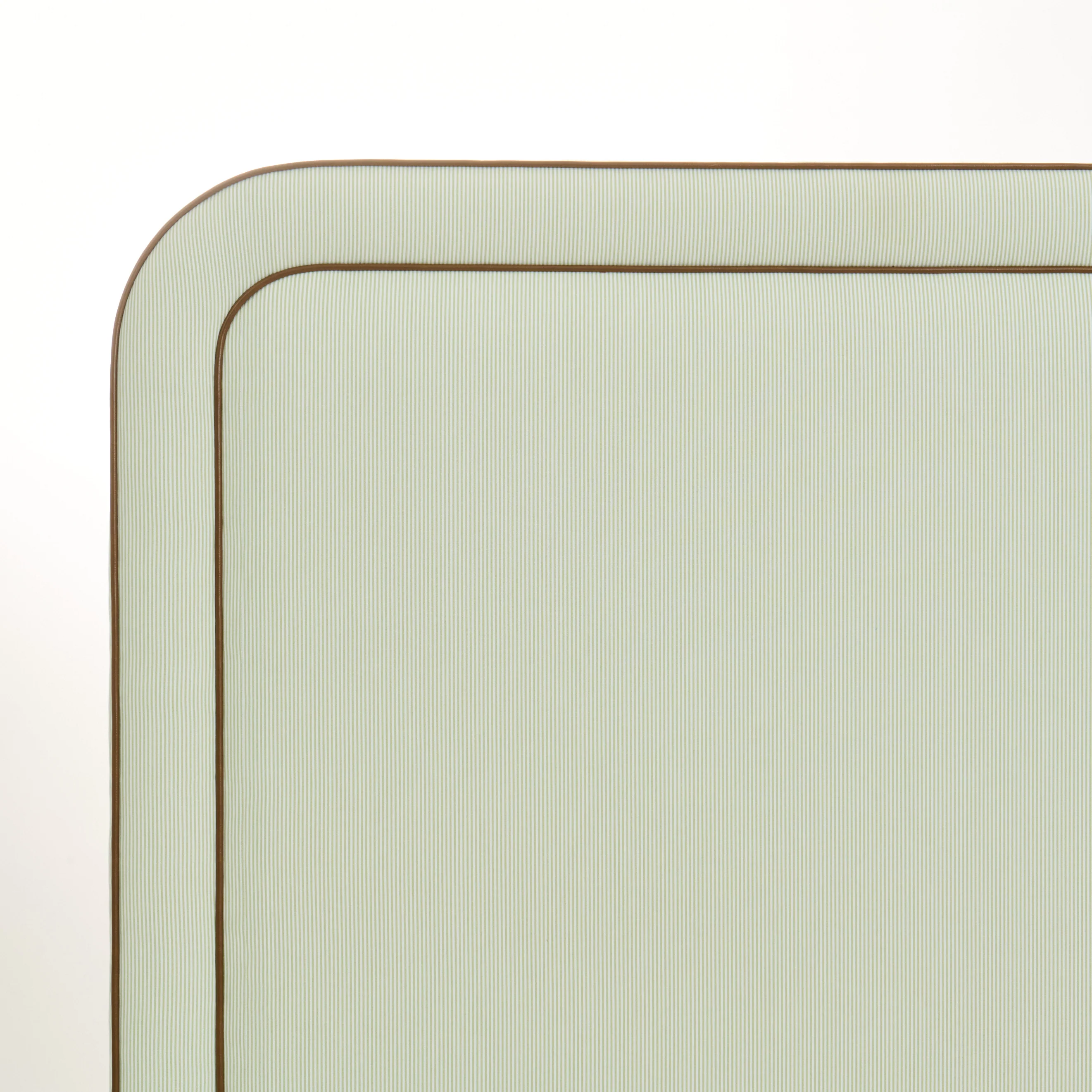 The Lorraine Queen Platform Bed - Striped Green & White Fabric - Leather Trim - Image 2