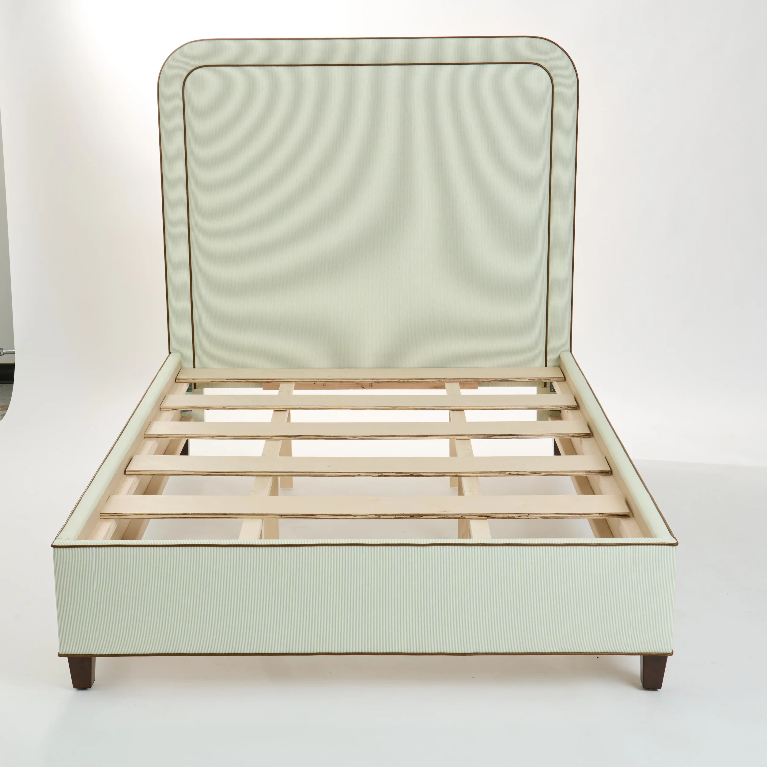 The Lorraine Queen Platform Bed - Striped Green & White Fabric - Leather Trim - Image 8