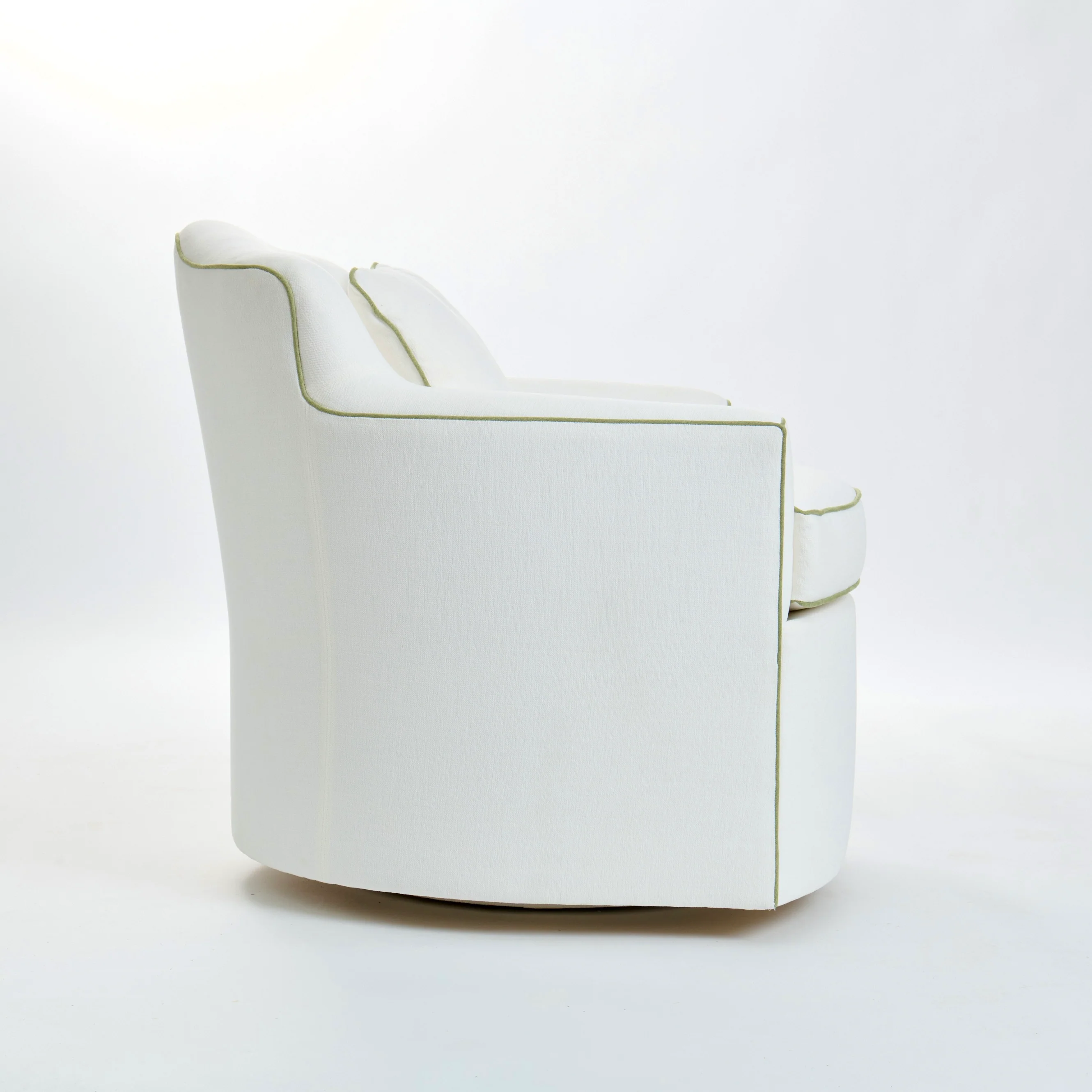 The Scarlett Swivel Chair: Crypton Off-White Fabric - Green Trim - Image 3