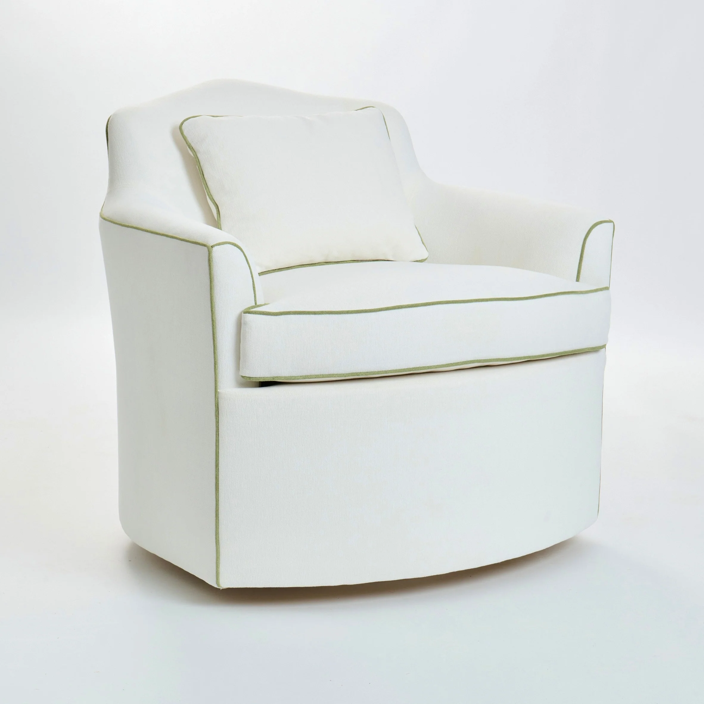 The Scarlett Swivel Chair: Crypton Off-White Fabric - Green Trim - Image 4