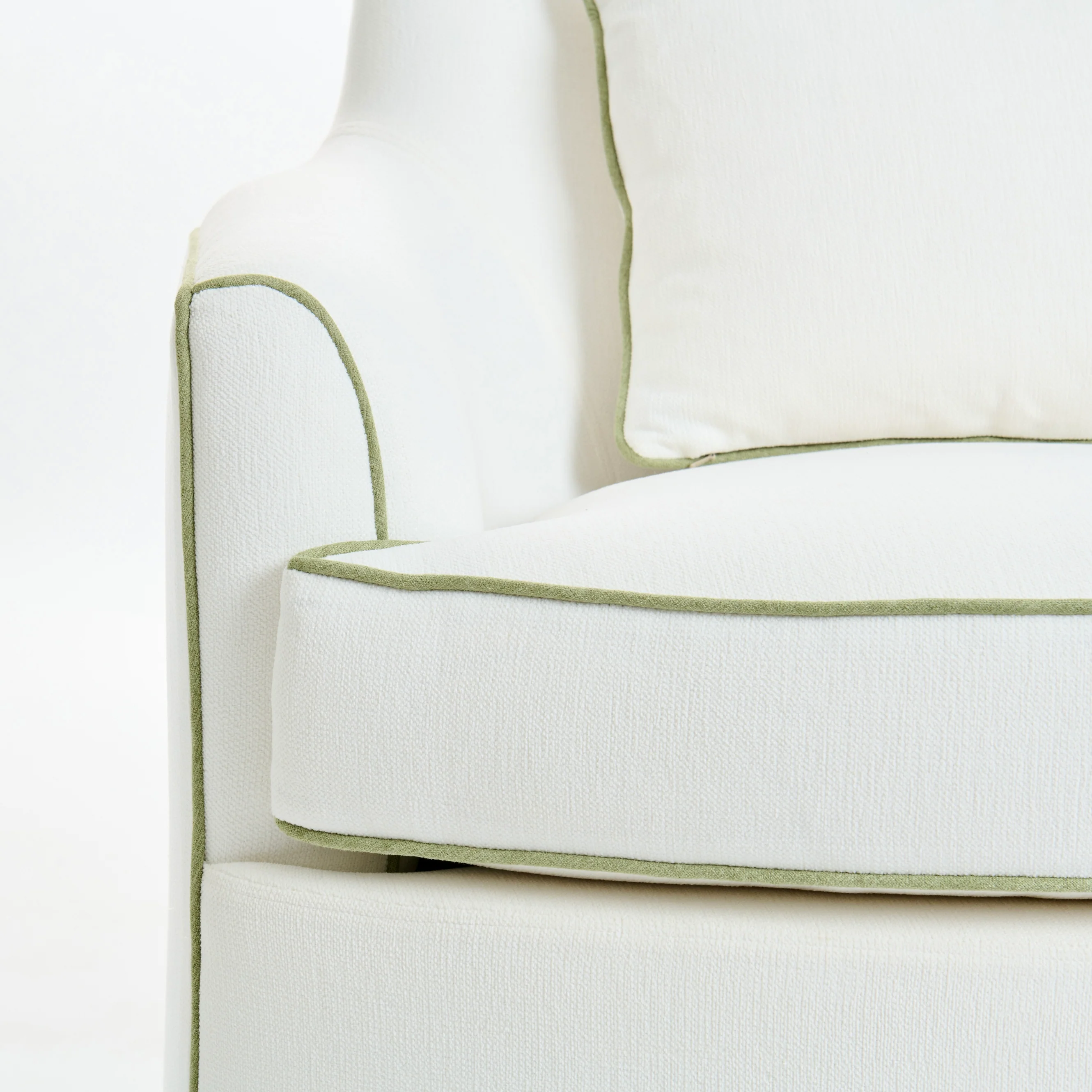 The Scarlett Swivel Chair: Crypton Off-White Fabric - Green Trim - Image 7