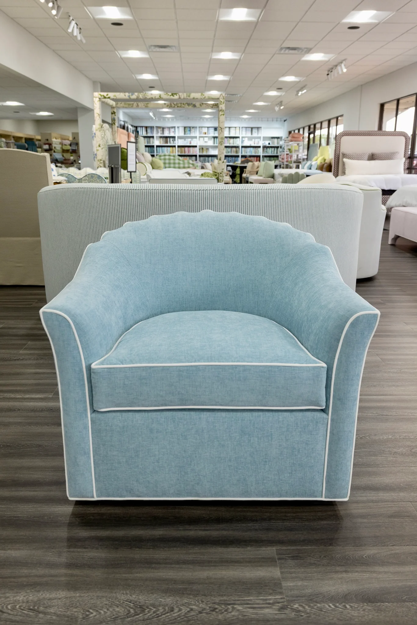 The Teresa Swivel Chair: Seafoam Blue Performance Fabric - White Trim - Image 2