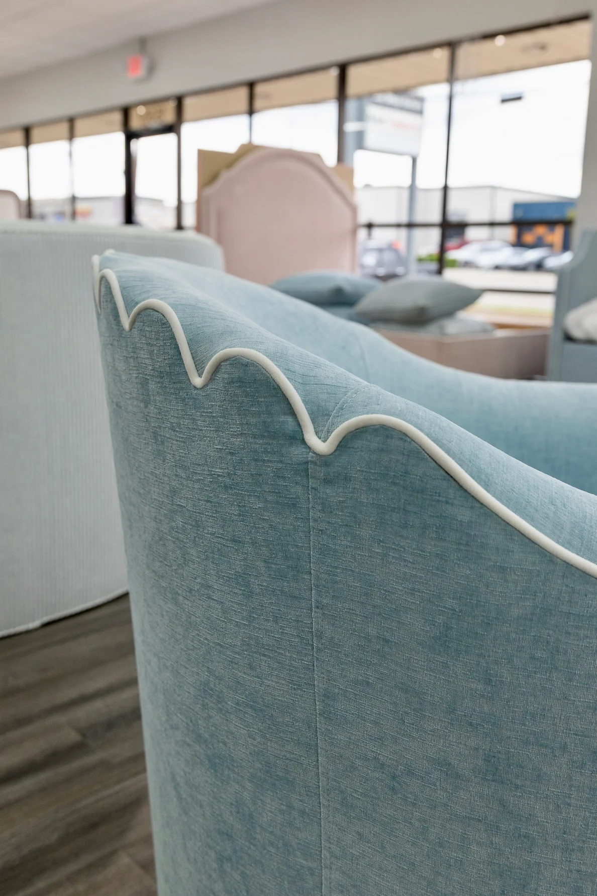The Teresa Swivel Chair: Seafoam Blue Performance Fabric - White Trim - Image 6