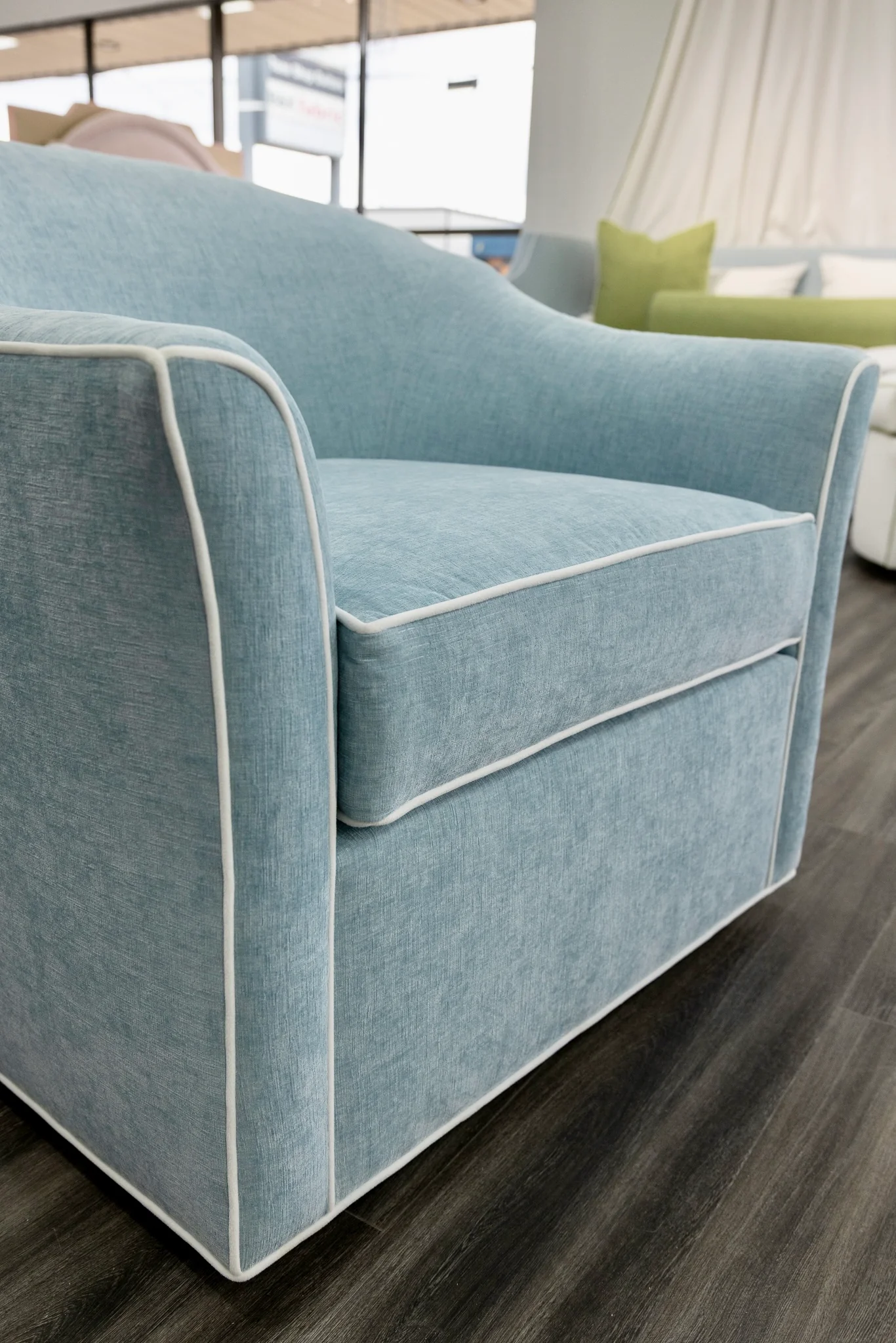 The Teresa Swivel Chair: Seafoam Blue Performance Fabric - White Trim - Image 7