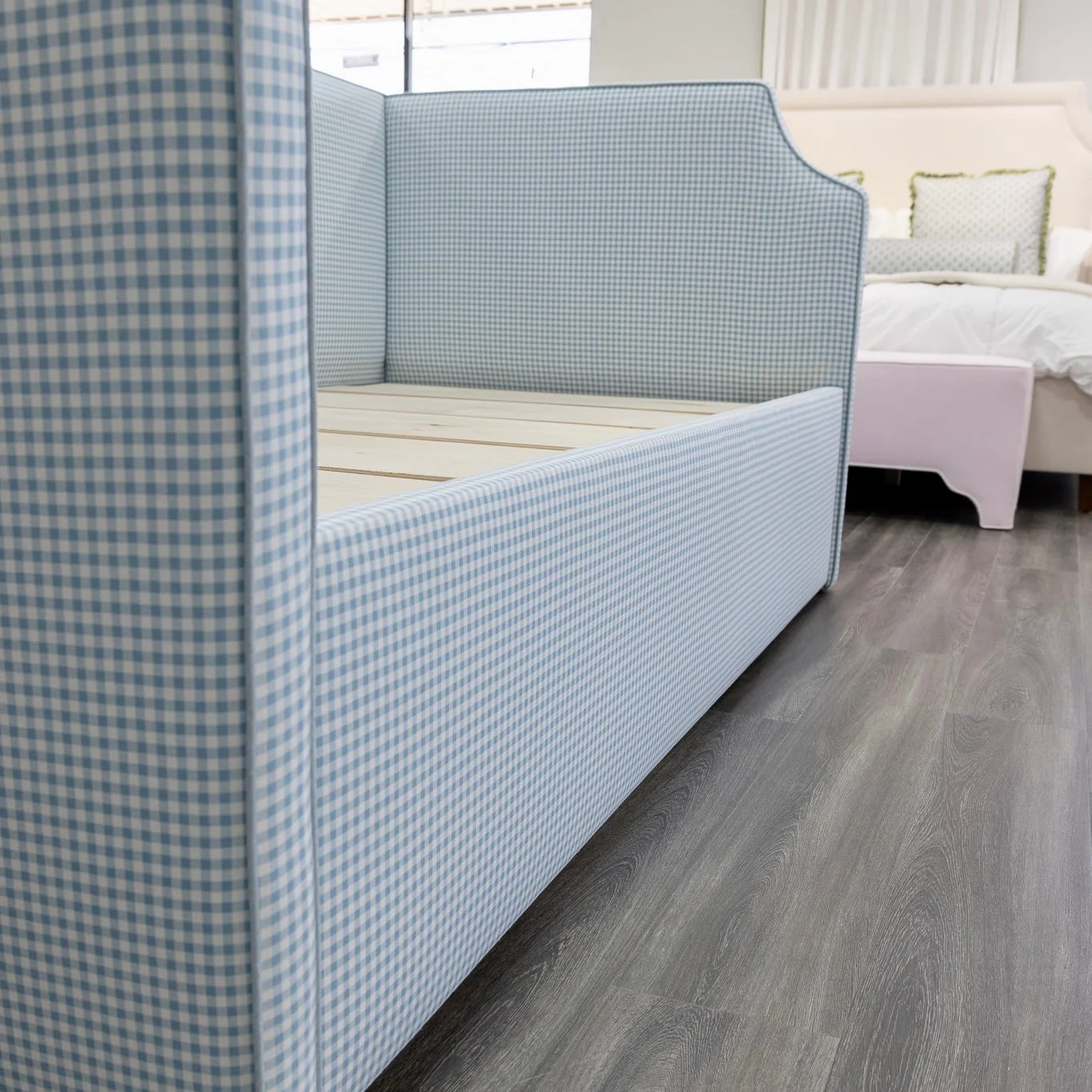 Twin to king Upholstered Trundle Daybed in Blue Gingham fabric - Sky Blue Trim - Image 7
