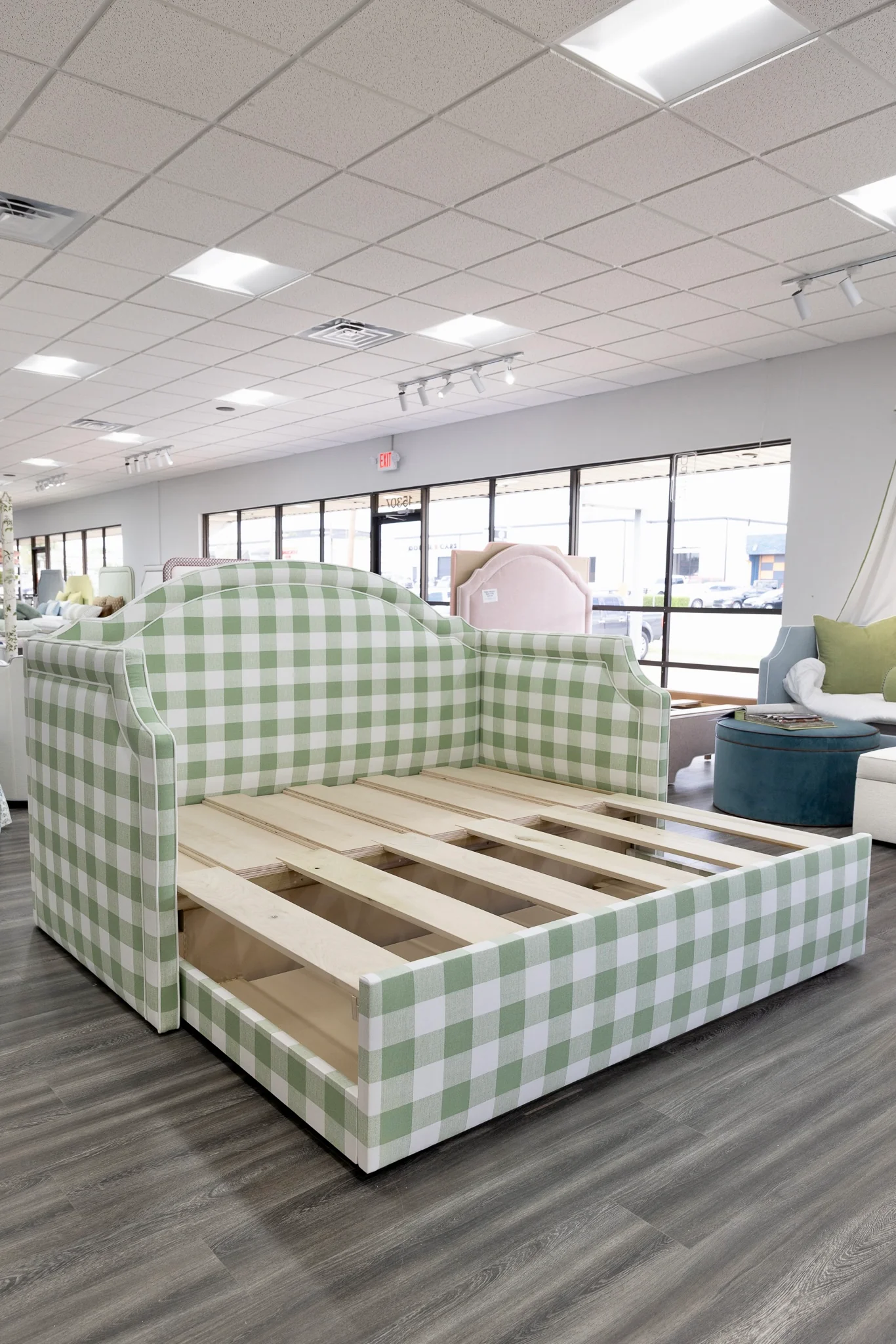 Twin to king Upholstered Trundle Daybed in Sage Green Checkered Fabric - White Trim - Image 5