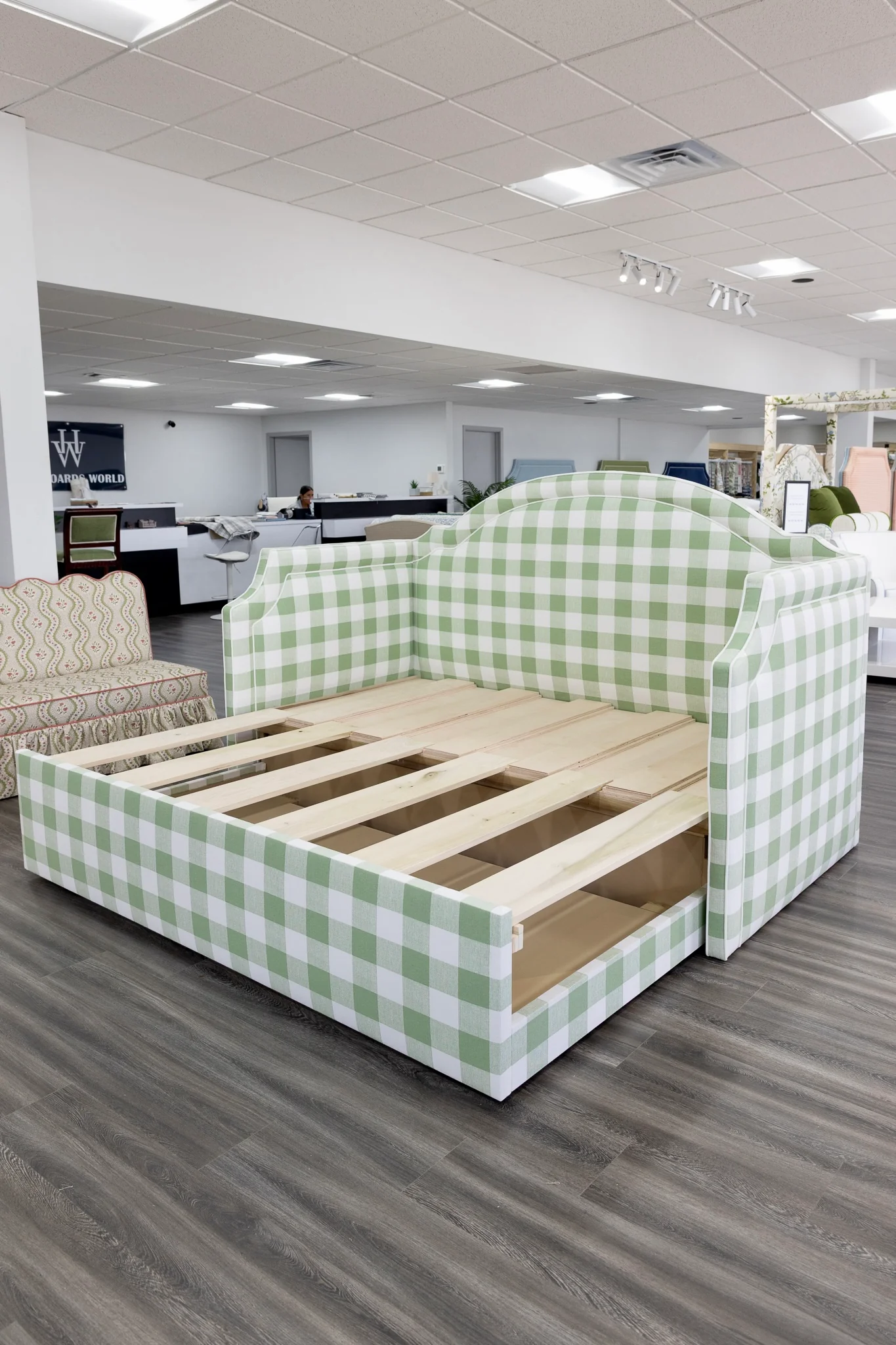 Twin to king Upholstered Trundle Daybed in Sage Green Checkered Fabric - White Trim - Image 6