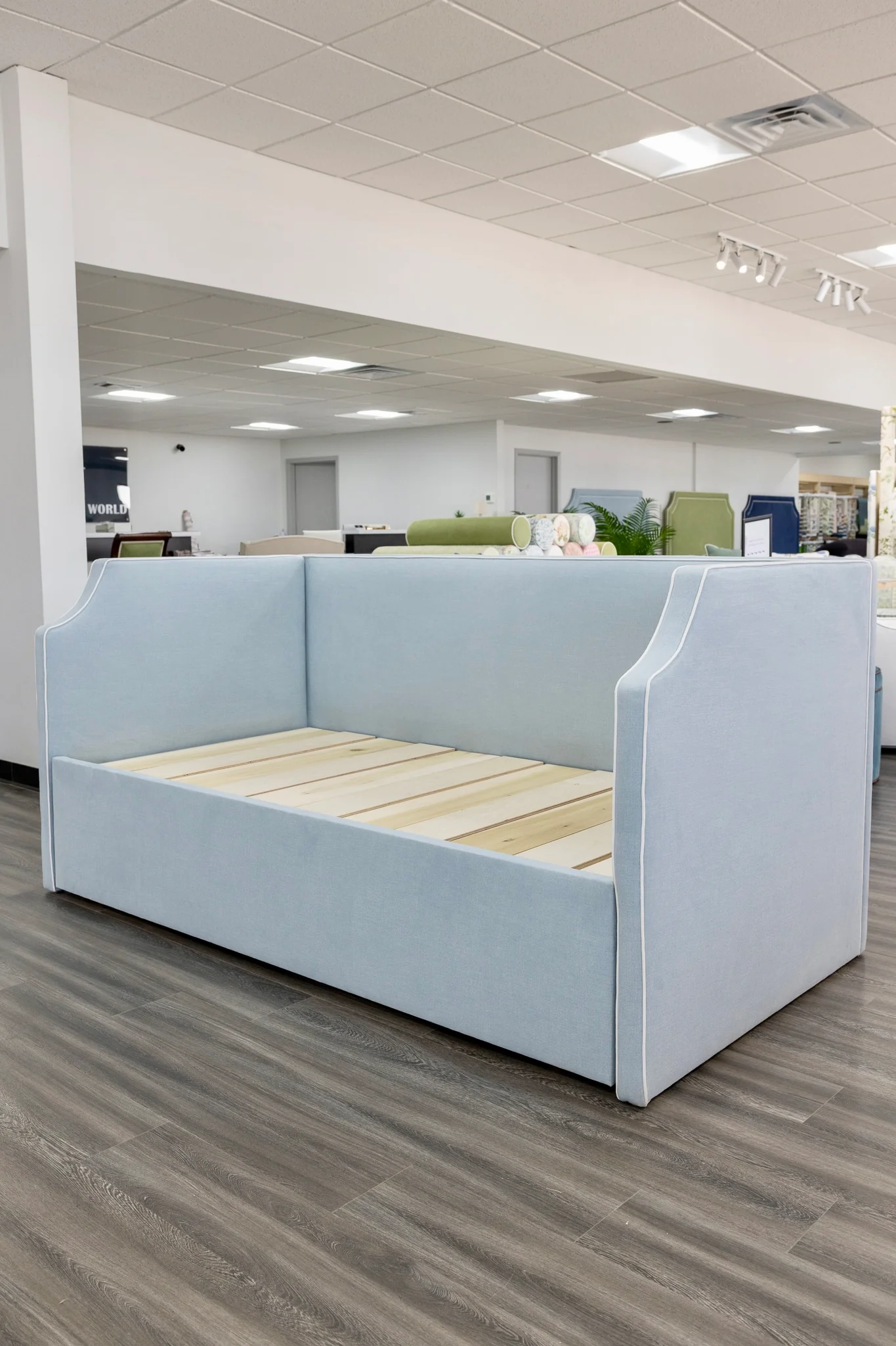 Twin to king Upholstered Trundle Daybed in Sky Blue Woven fabric - White Trim - Image 5