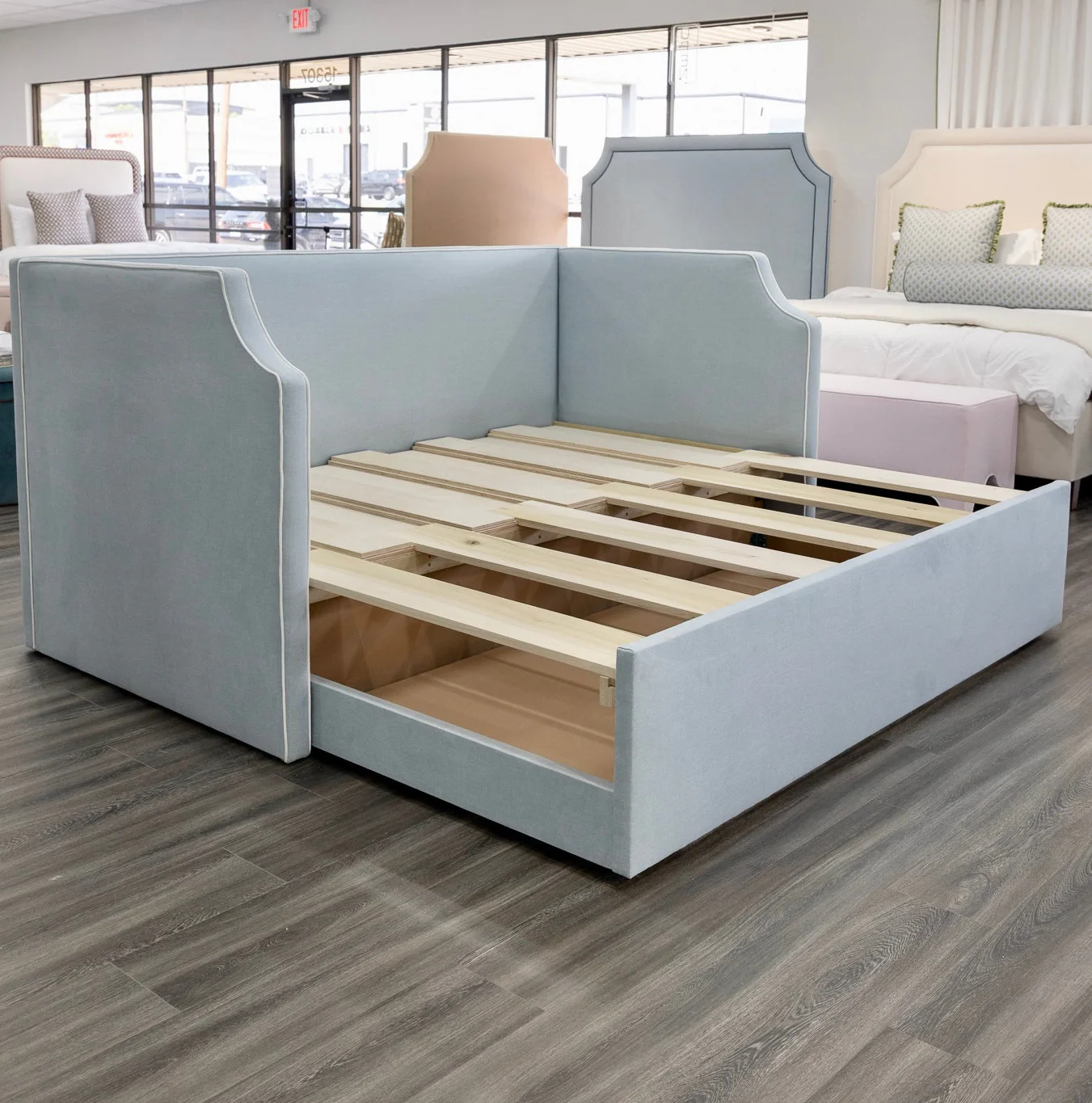 Twin to king Upholstered Trundle Daybed in Sky Blue Woven fabric - White Trim - Image 9