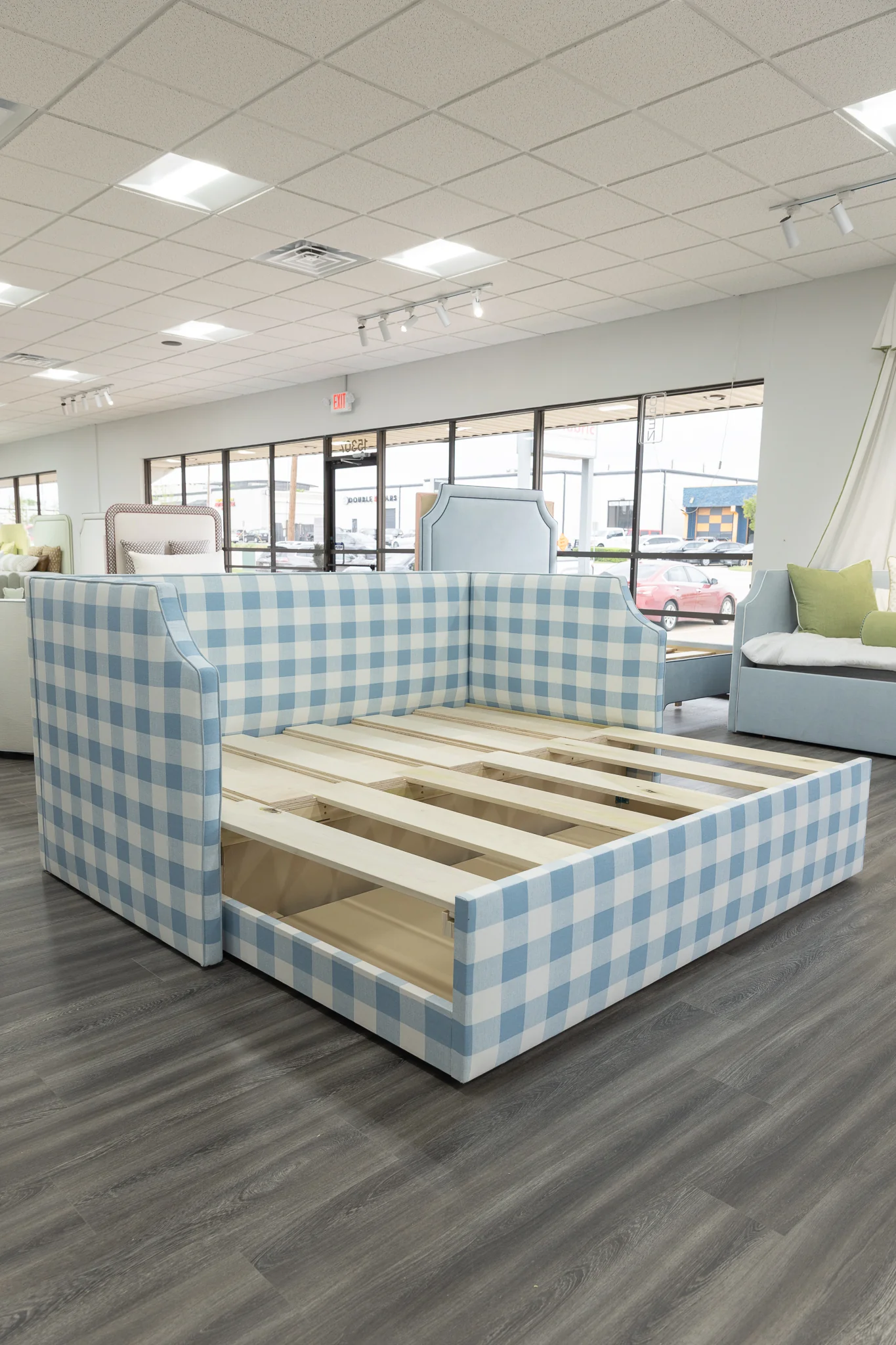 Twin to king Upholstered Trundle Daybed in Buffalo Blue Fabric - Sky Blue Trim - Image 8