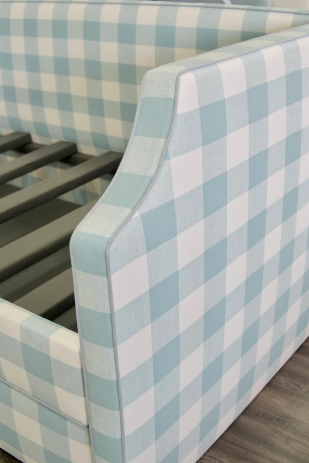 Twin Trundle Daybed - Buffalo Blue Checkered Fabric with Sky Blue Trim - Image 6