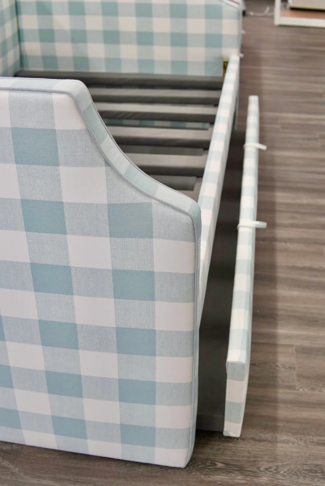 Twin Trundle Daybed - Buffalo Blue Checkered Fabric with Sky Blue Trim - Image 8