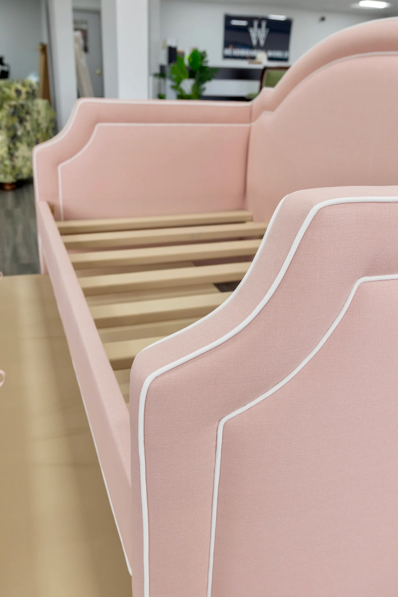 Twin Trundle Daybed - Pink Linen Fabric with White Trim - Image 4