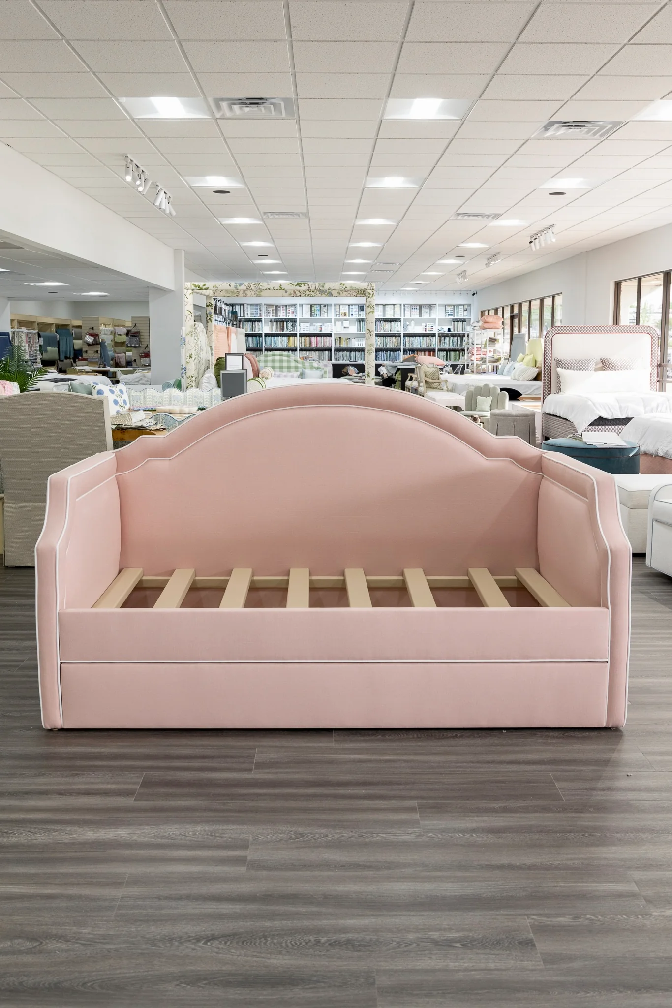 Twin Trundle Daybed - Pink Linen Fabric with White Trim - Image 6