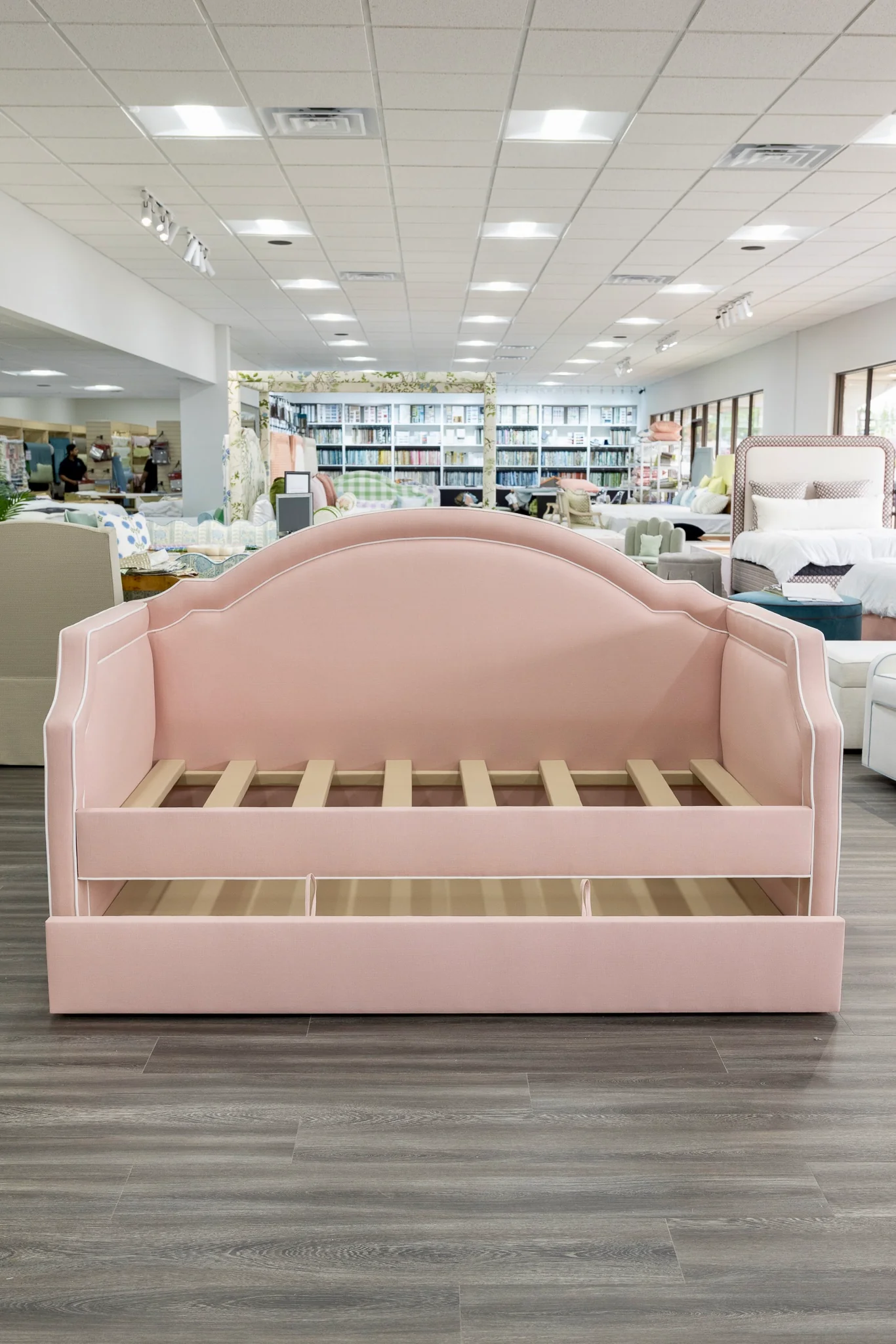 Twin Trundle Daybed - Pink Linen Fabric with White Trim - Image 7