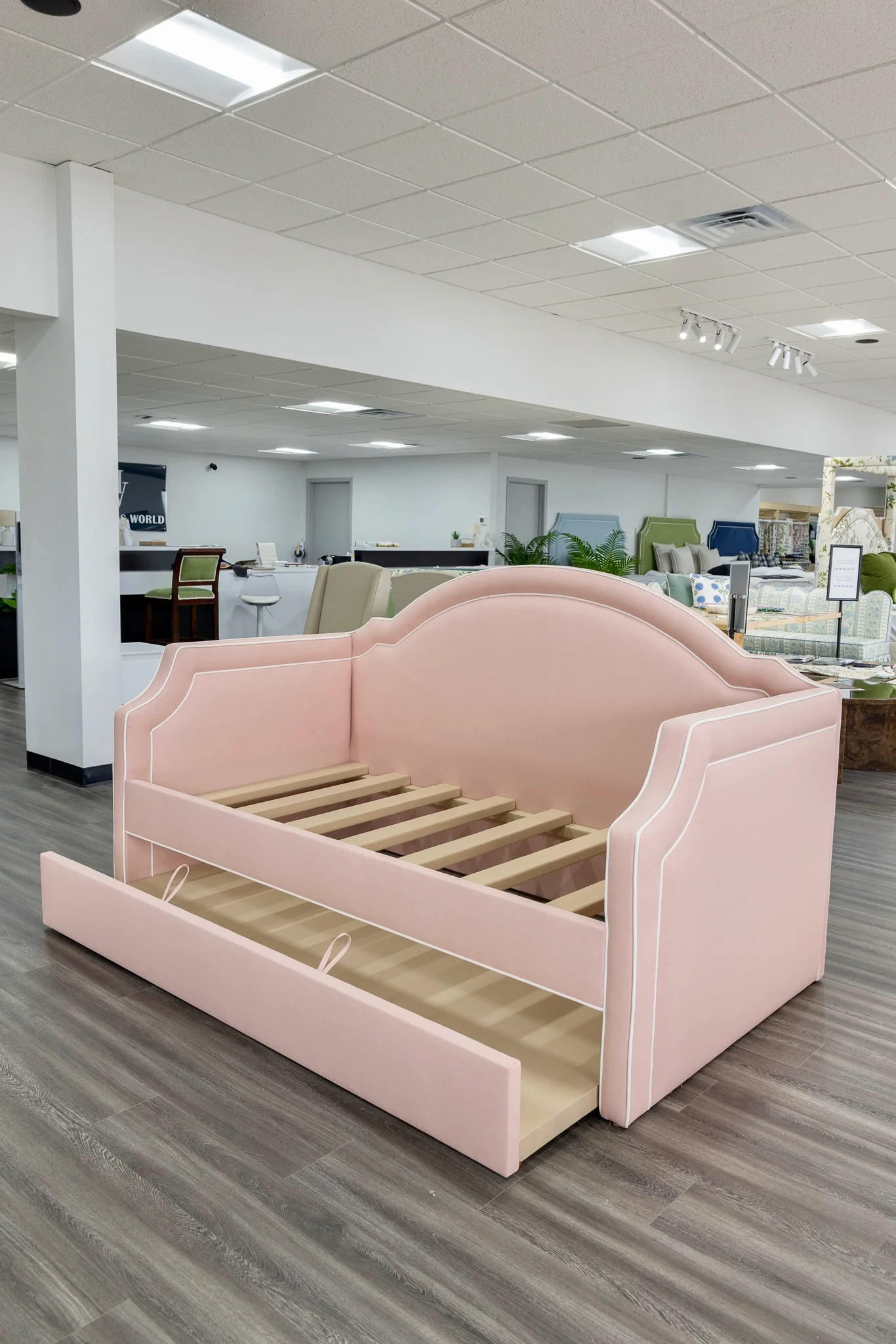 Twin Trundle Daybed - Pink Linen Fabric with White Trim - Image 8