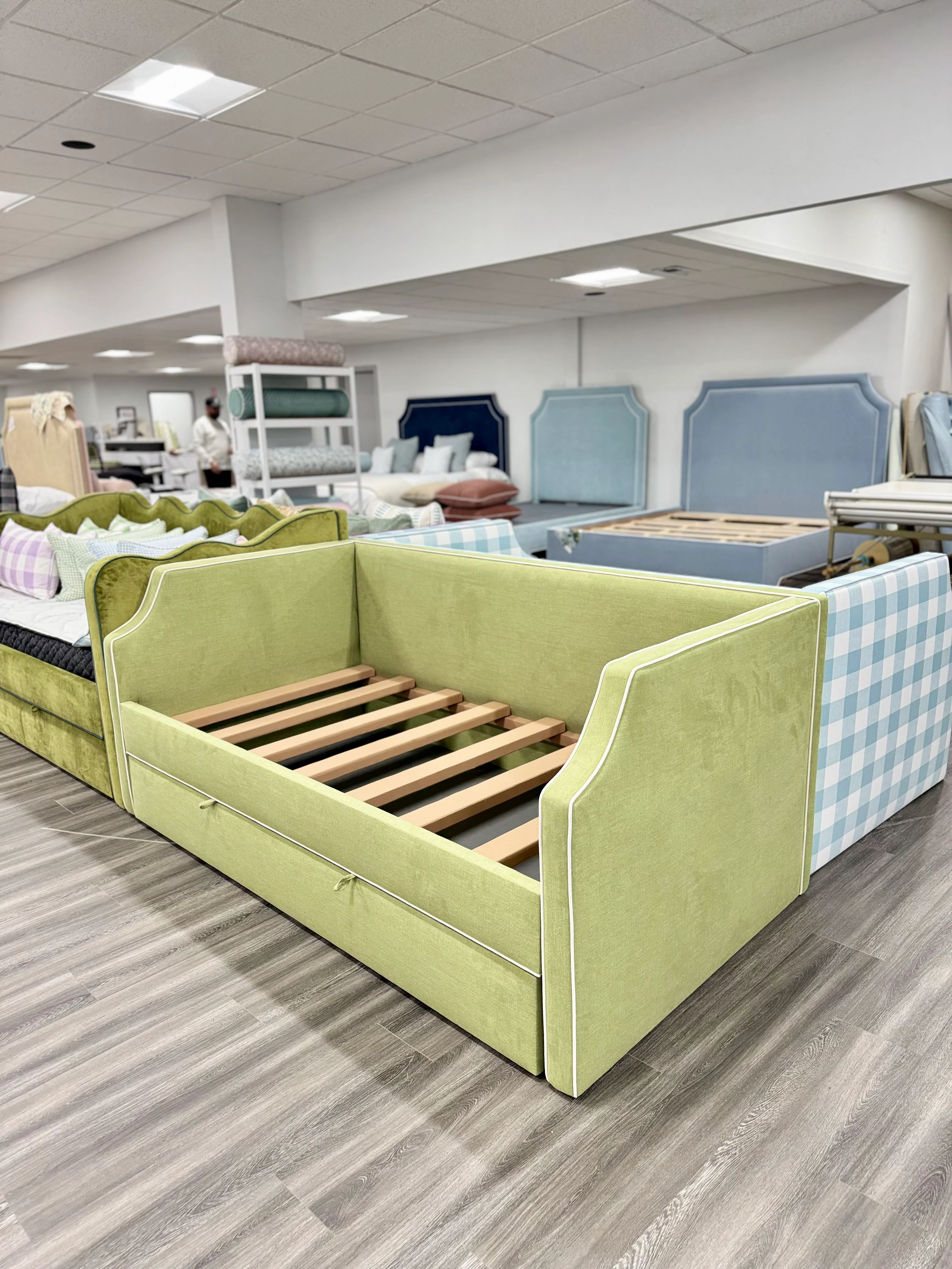 Twin Trundle Daybed - Pistachio Green Woven Fabric with White Trim - Image 4