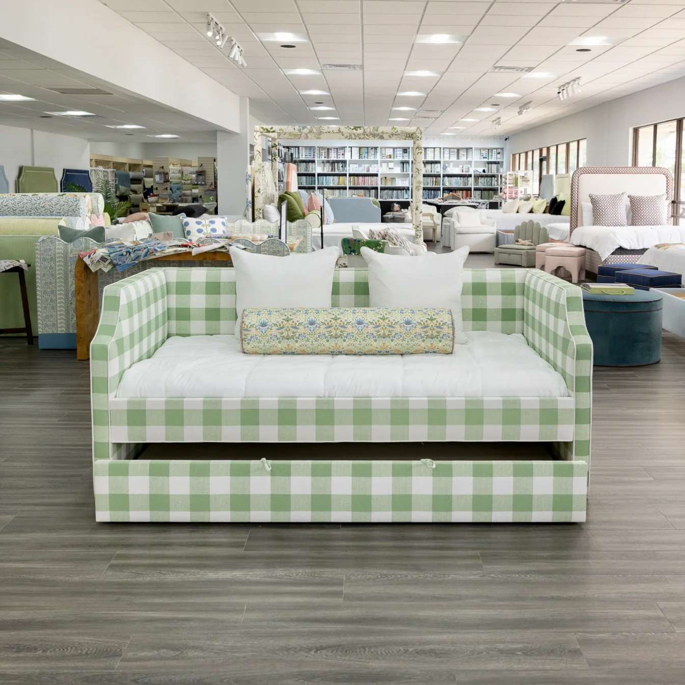 Twin Trundle Daybed - Sage Green Checkered Fabric with White Trim - Image 4